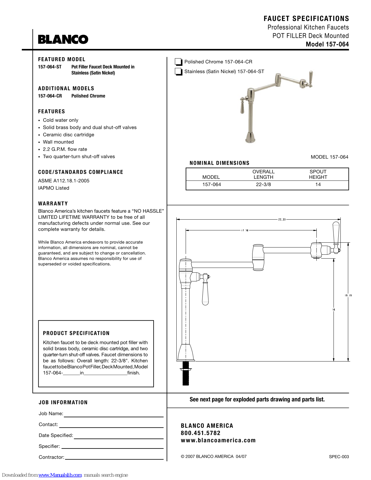 Blanco 157-064-ST, 157-064-CR Specification Sheet - ManualMachine.com