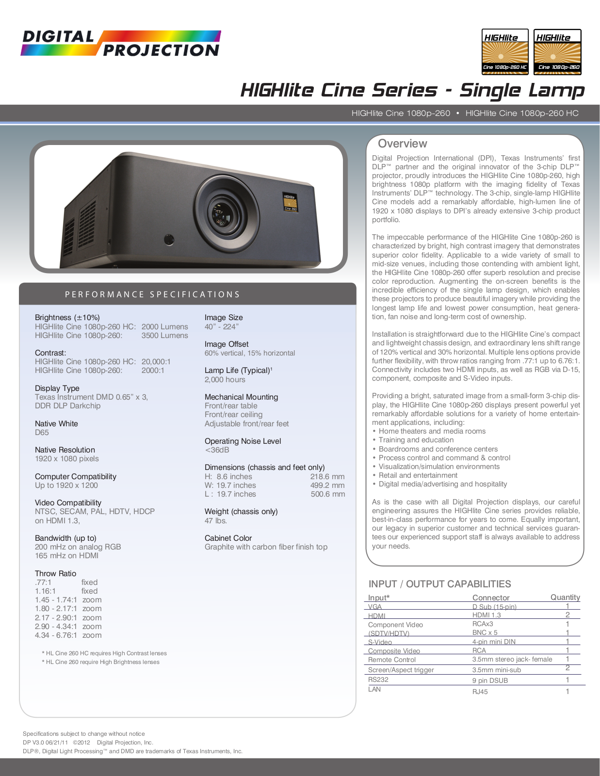 Digital Projection HIGHlite Cine 1080p 260 Product Sheet