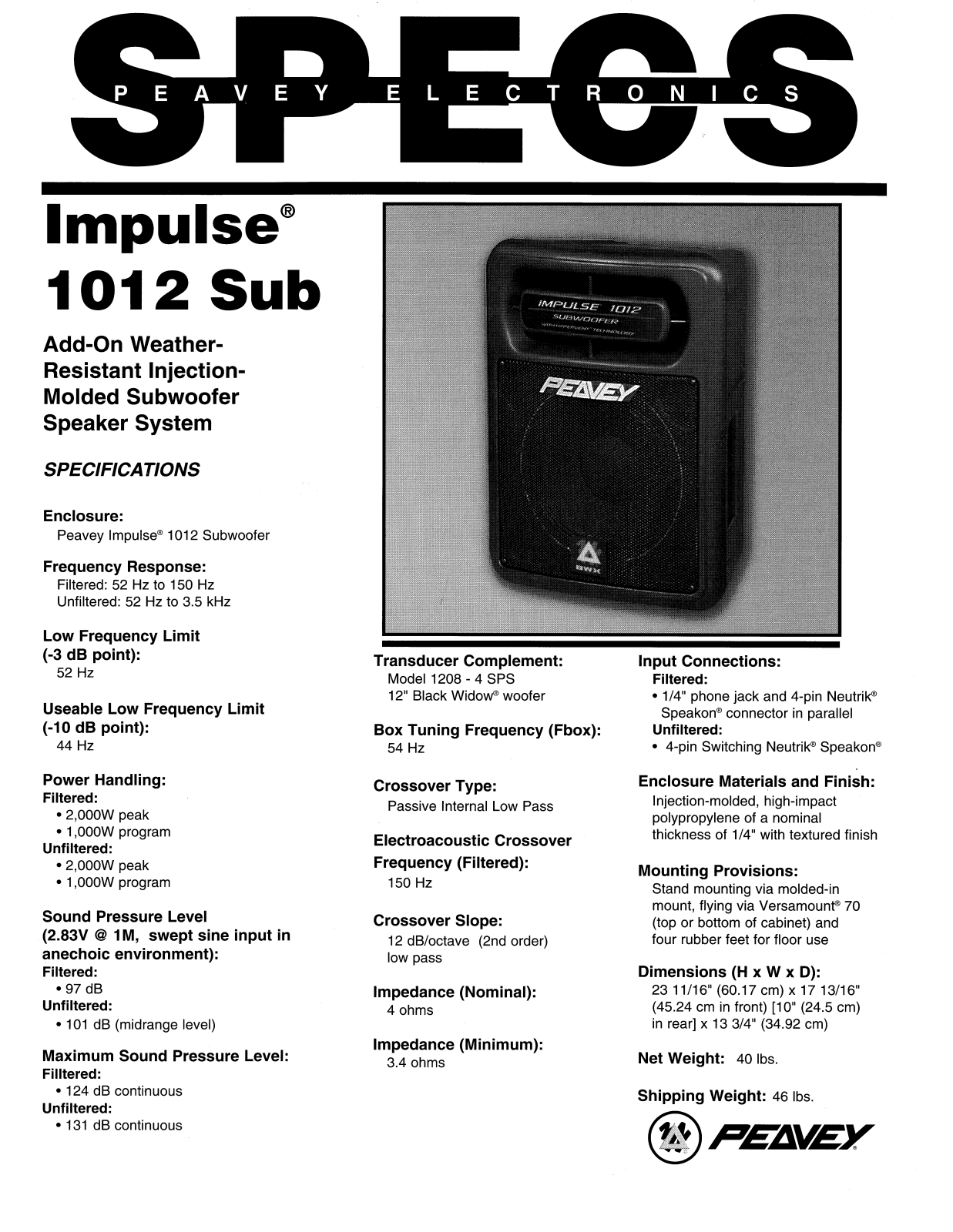 Peavey 1012 Sub User Manual