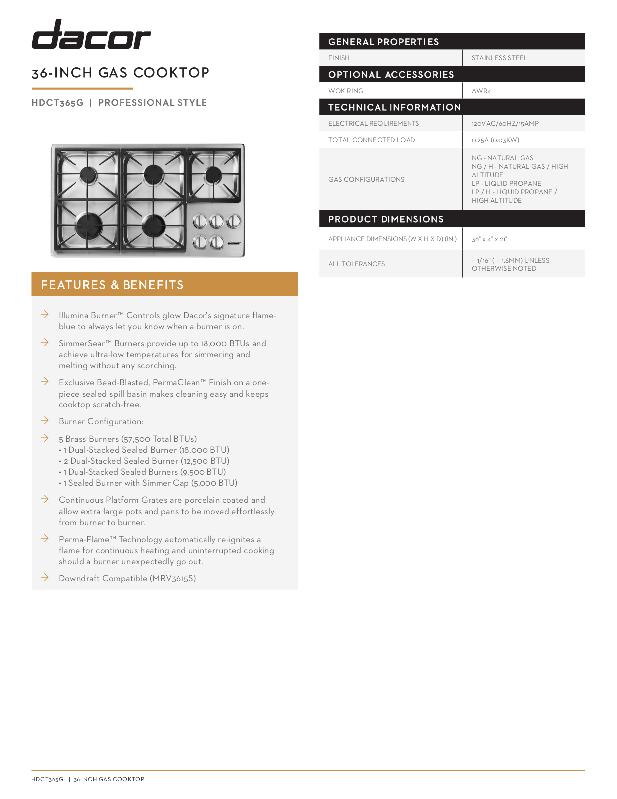 Dacor HDCT365GS Specification Sheet