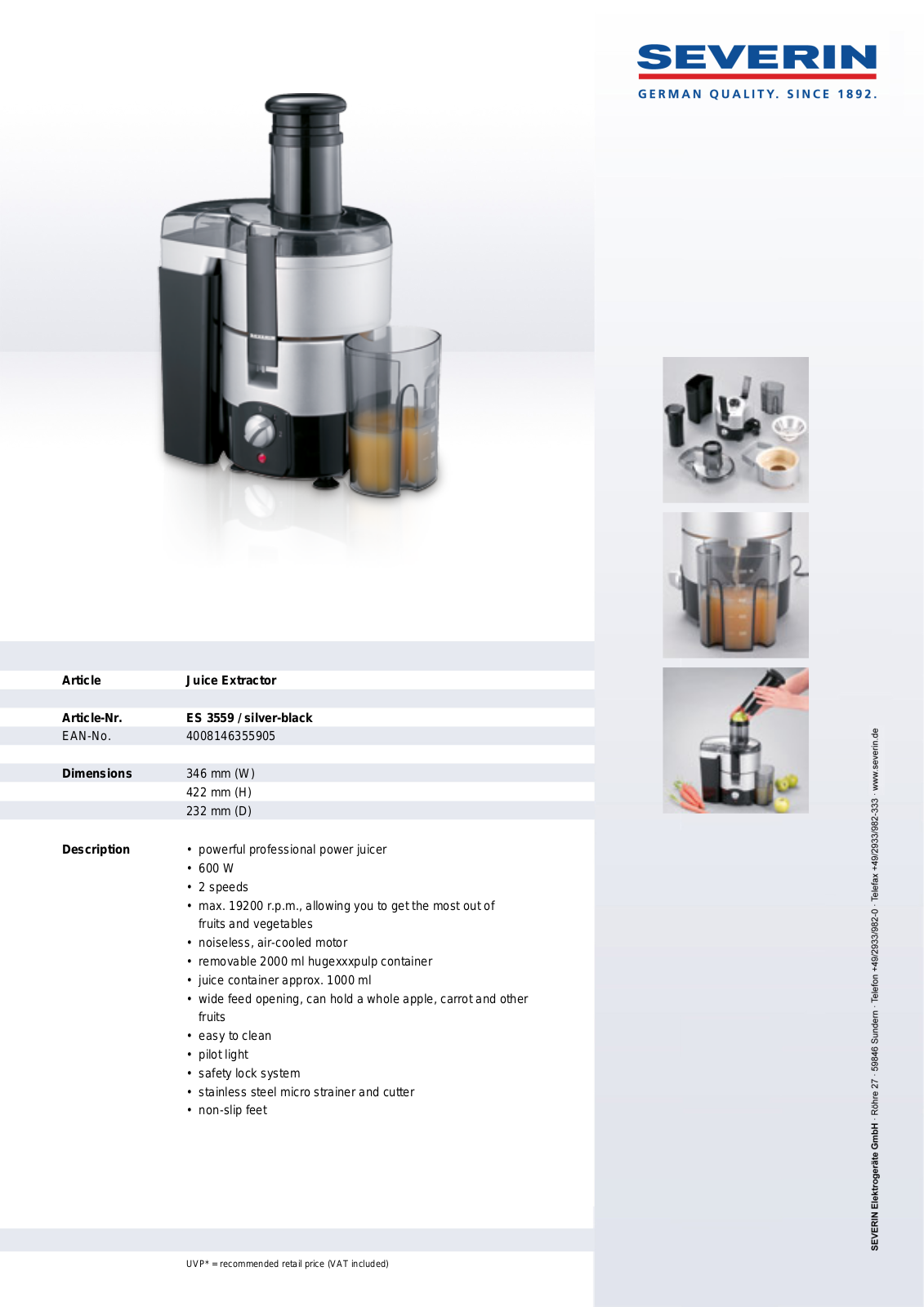 Severin JUICE EXTRACTOR, ES 3559 User Manual