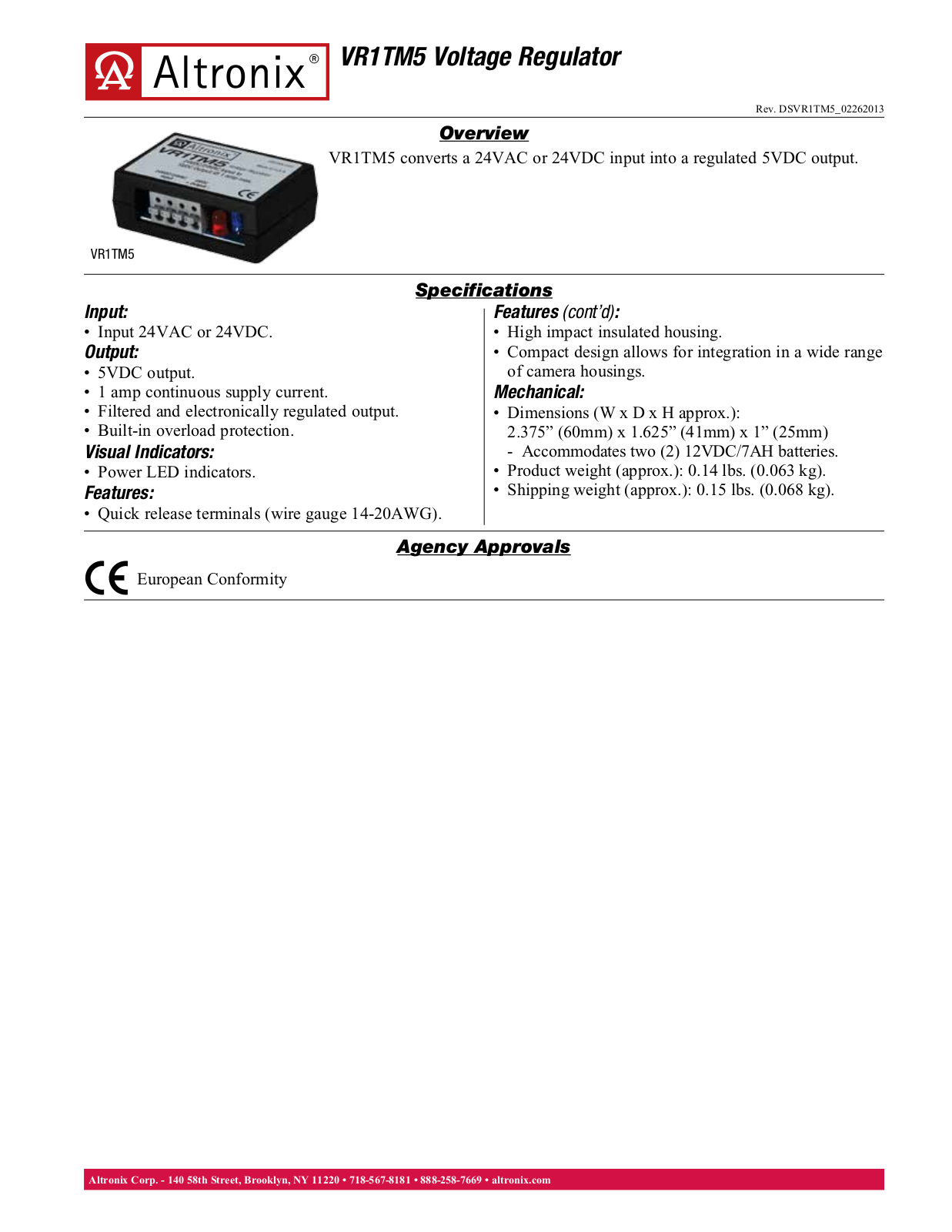 Altronix VR1TM5 Specsheet