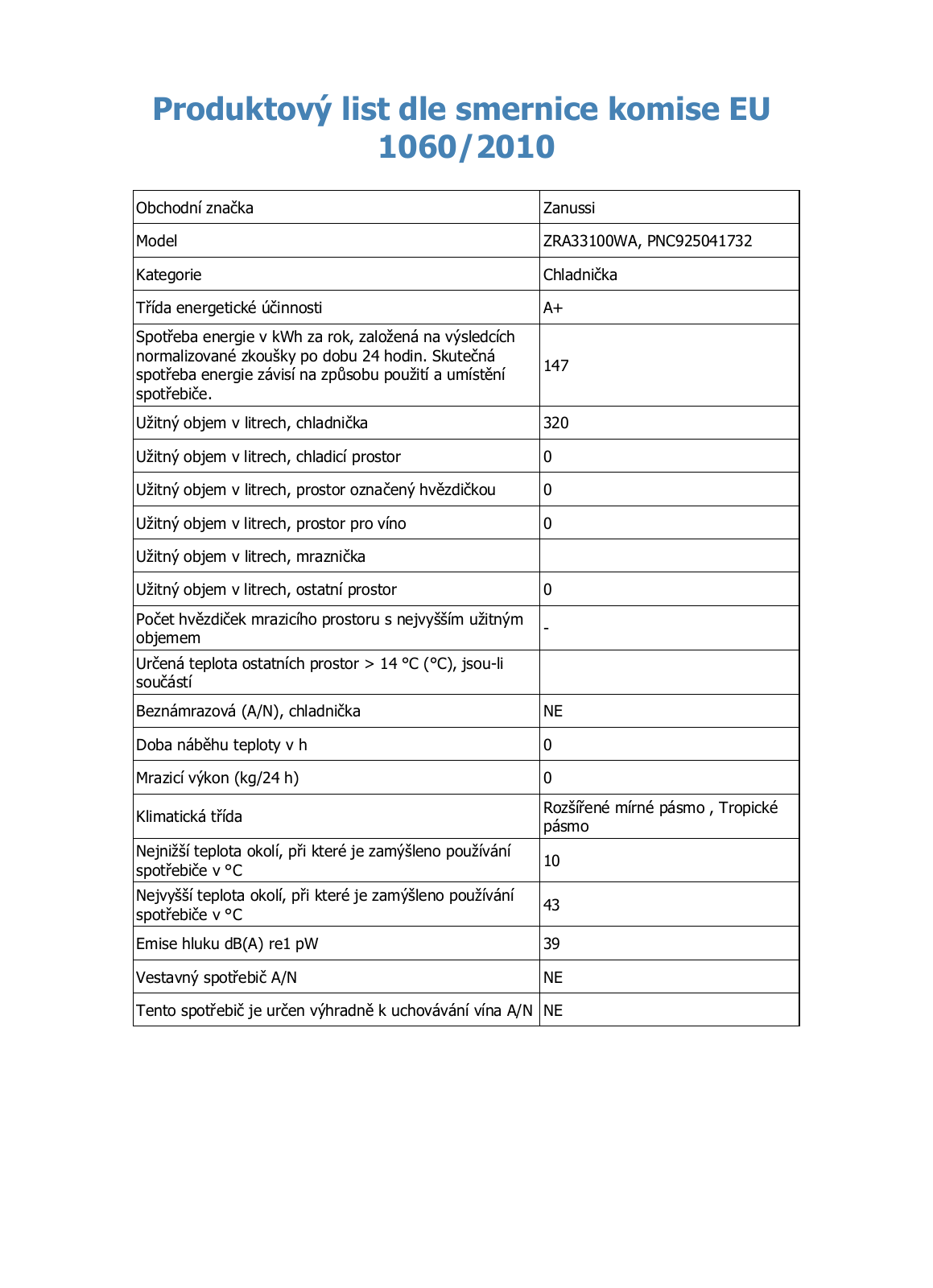 Zanussi ZRA33100WA User Manual