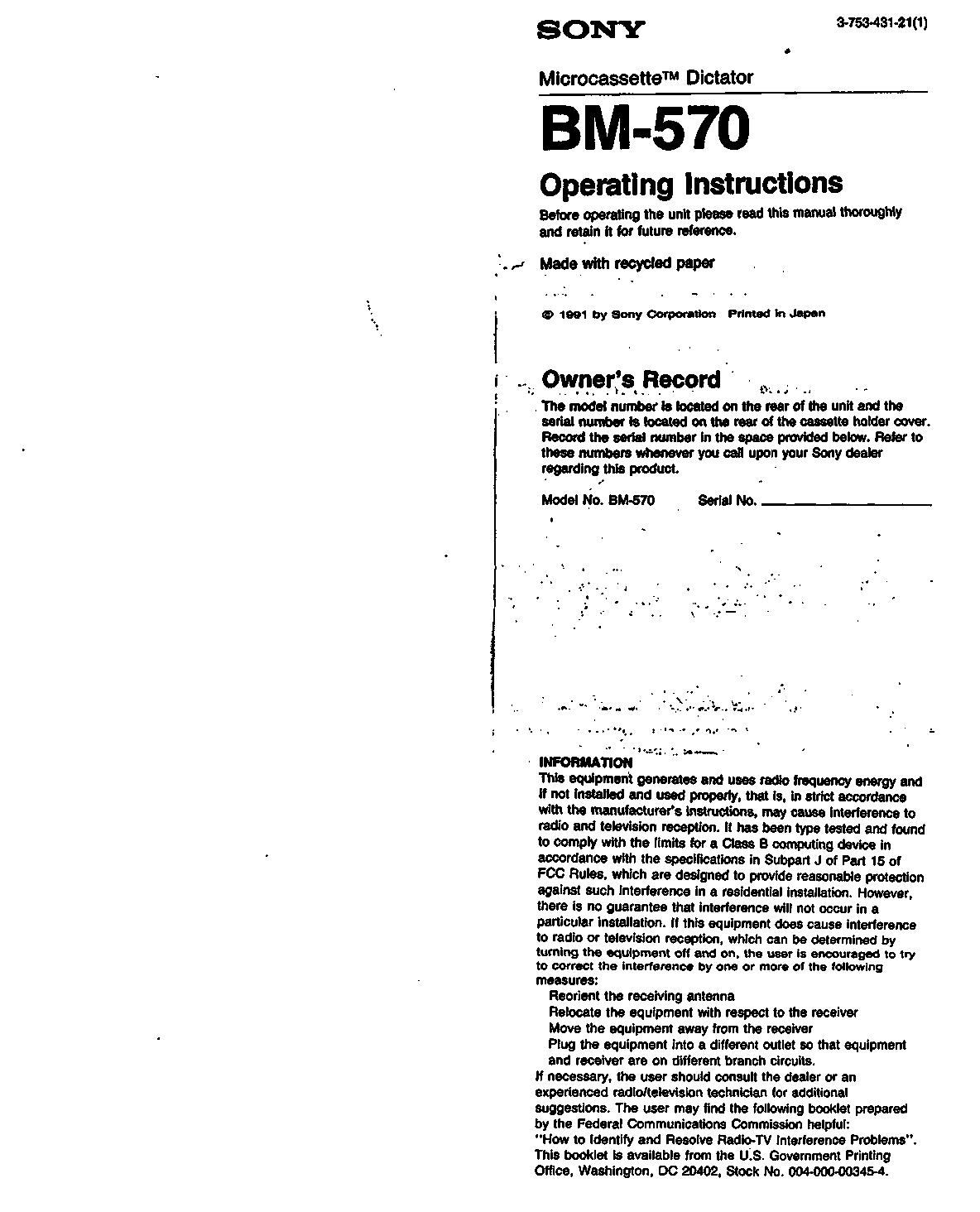 Sony BM-570 User Manual