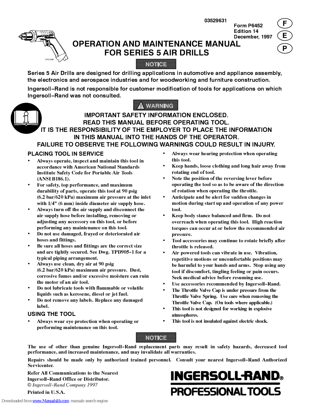 Ingersoll-Rand 5 series, 5AH1, 5AJ1, 5AK1, 5AL1 Operation And Maintenance Manual