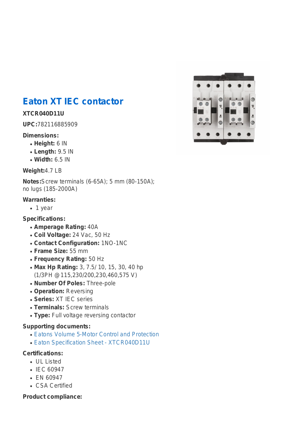 Cutler Hammer, Div of Eaton Corp XTCR040D11U Data Sheet