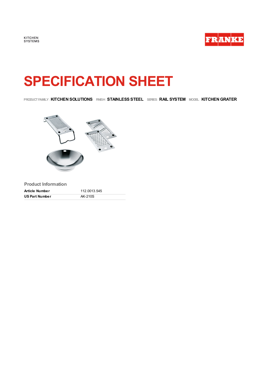 Franke Foodservice KITCHEN GRATER User Manual