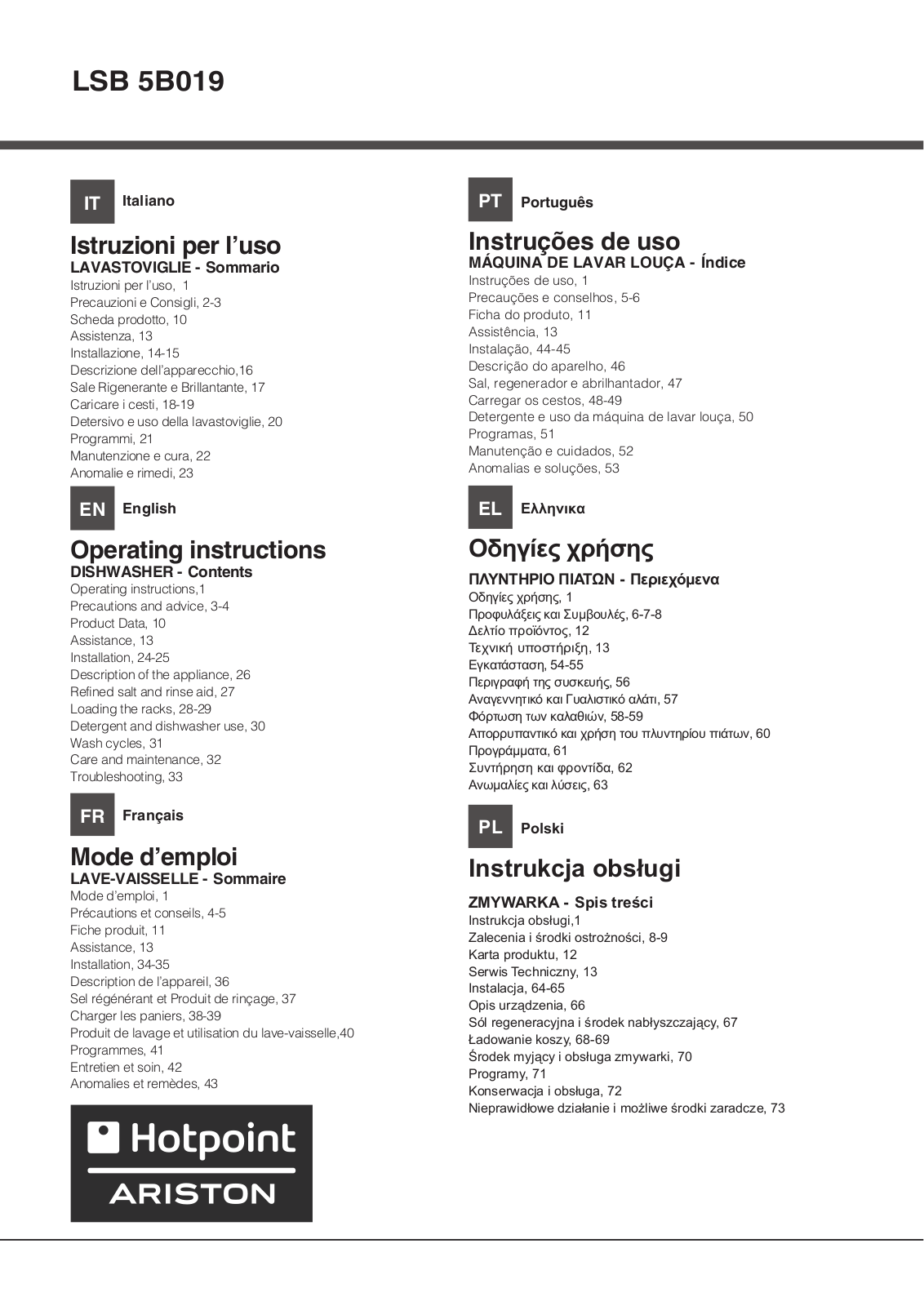 HOTPOINT/ARISTON LSB 5B019 X EU User Manual