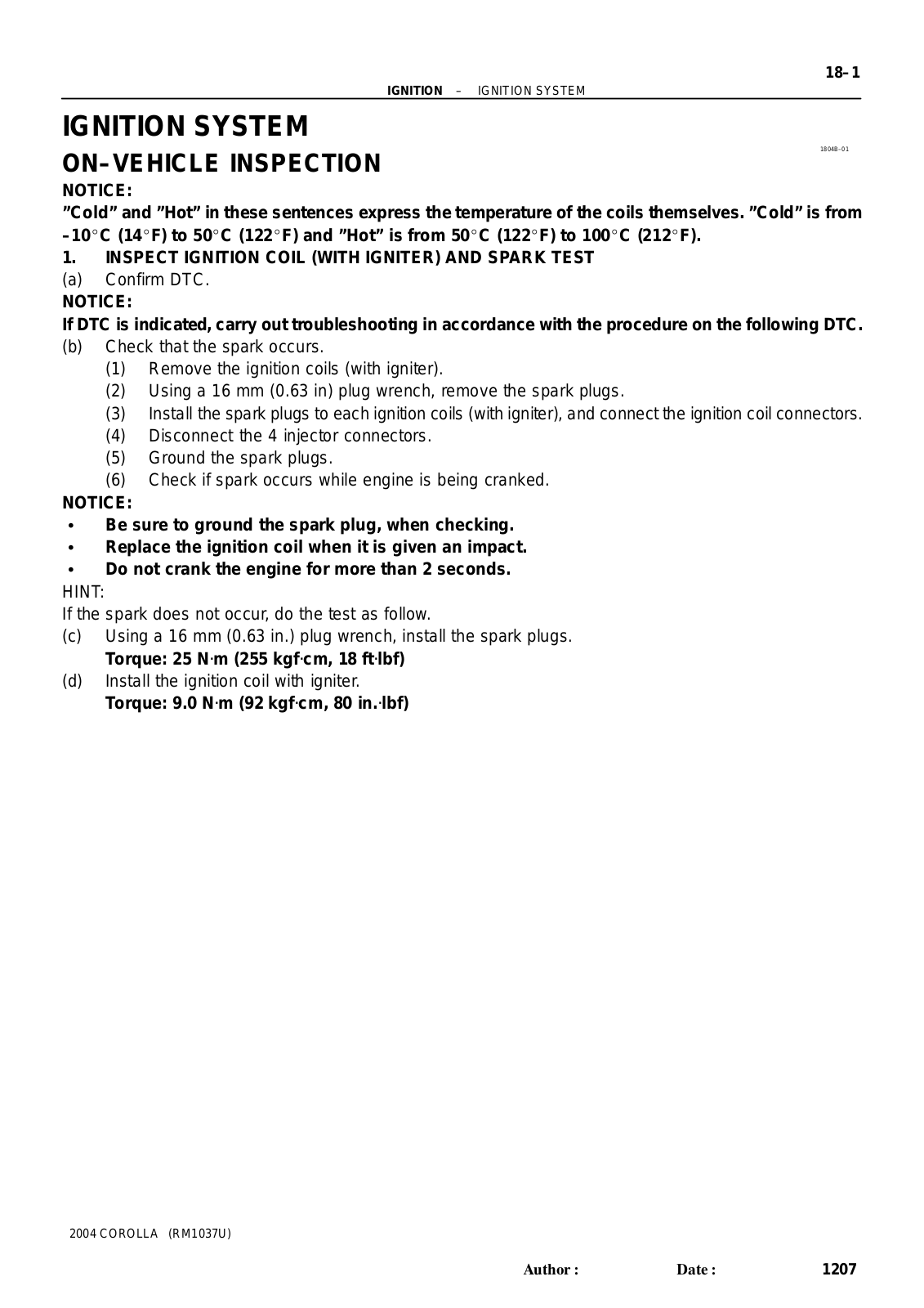 Toyota Corolla 2004 Repair Manual - IGNITION SYSTEM