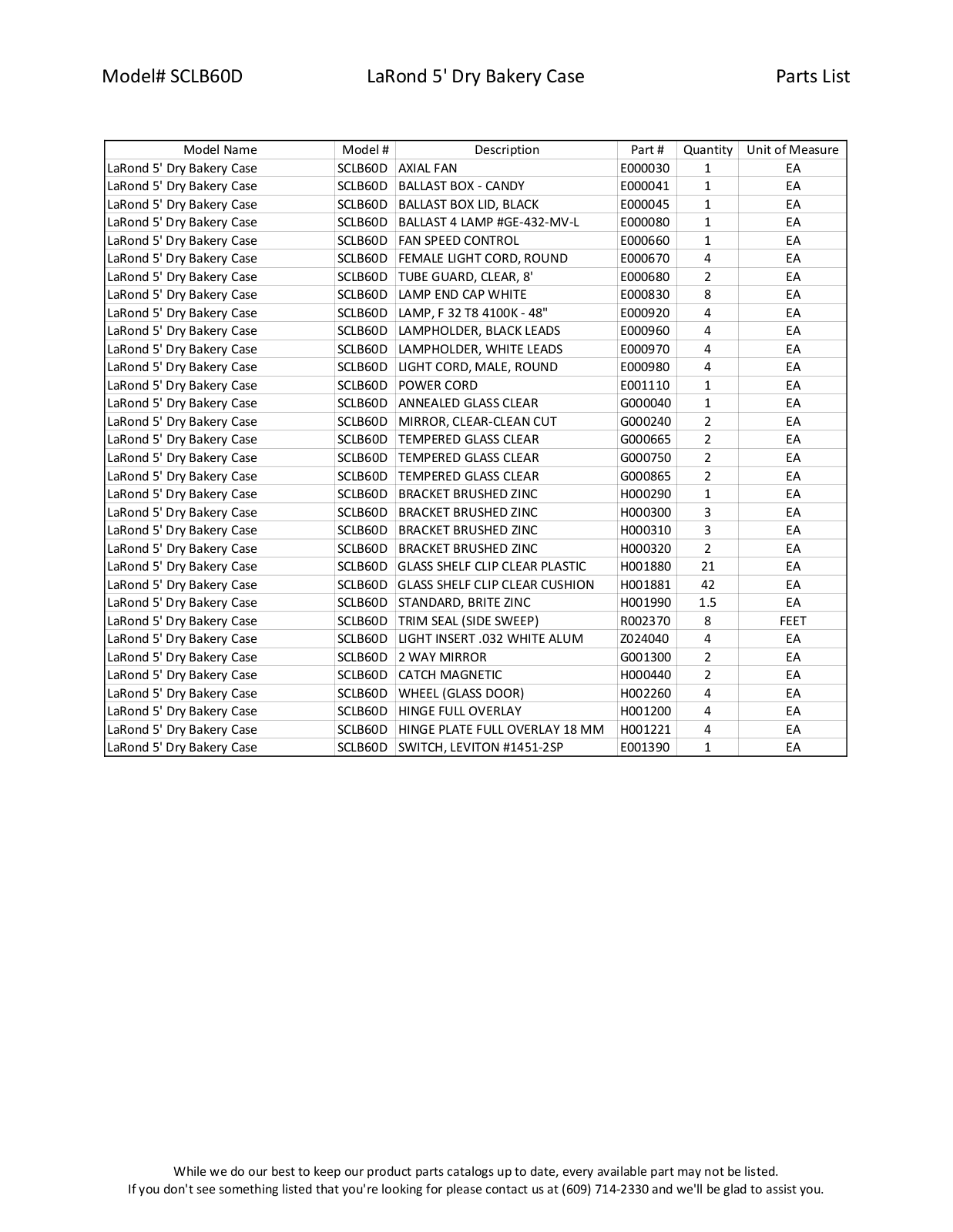 RPI Industries SCLB60D Parts List