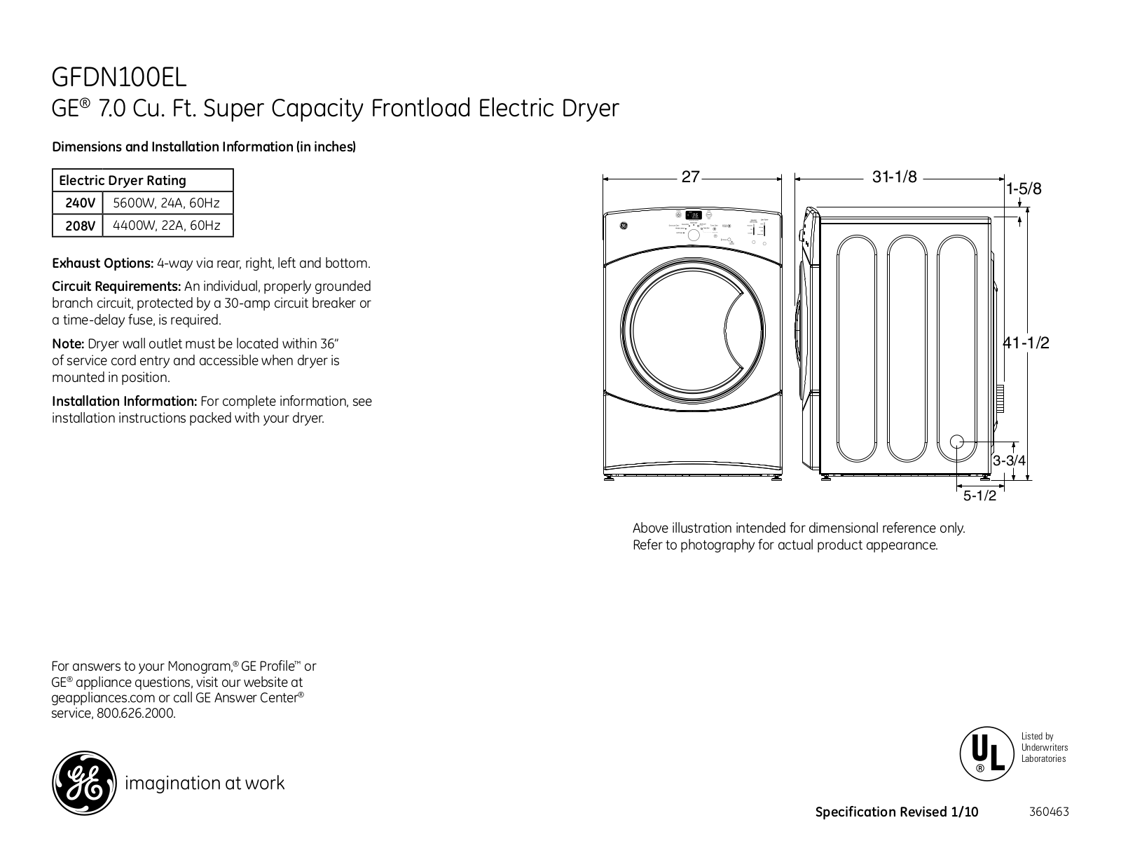 GE GFDN100EL Specification