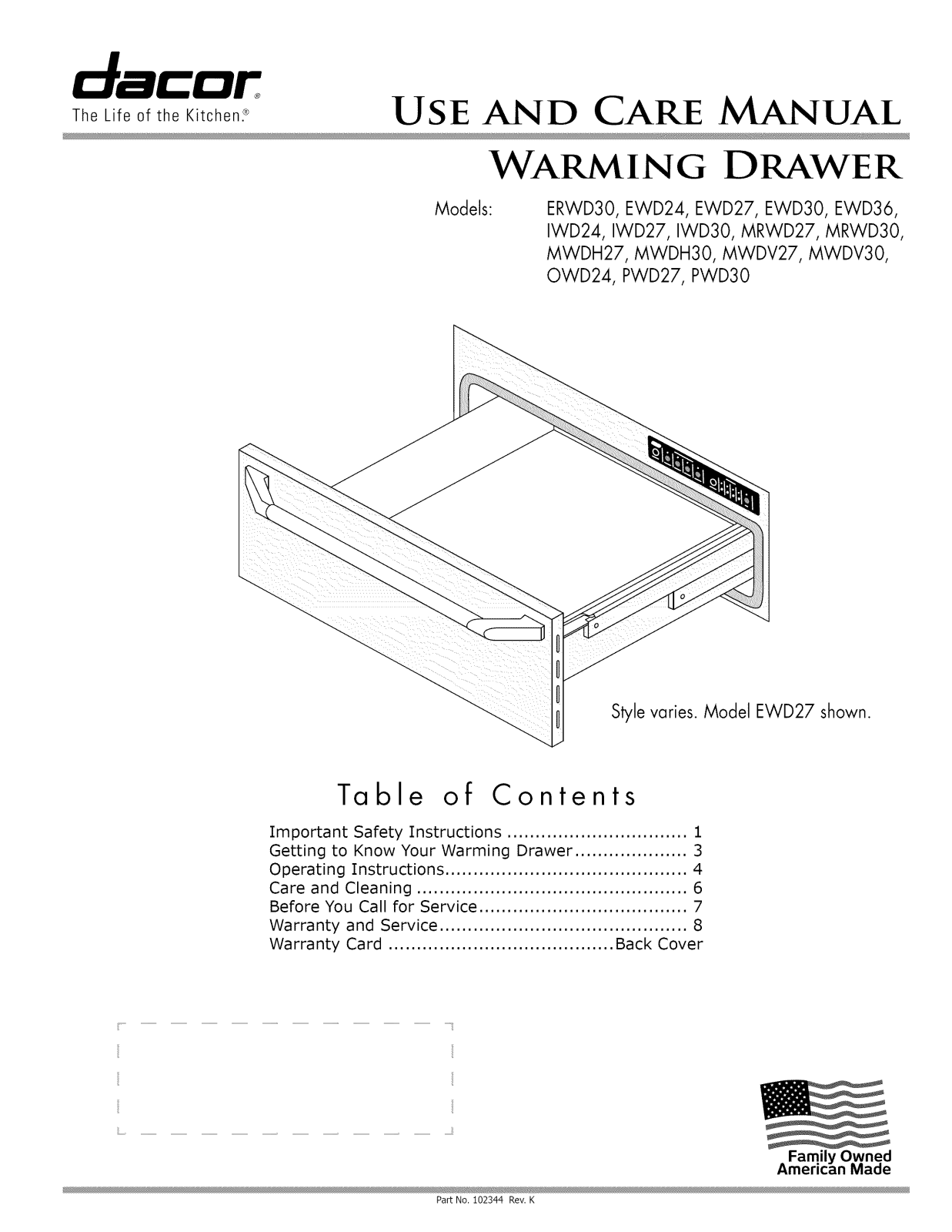 Dacor PWD27BK, PWD27AG, PWD27GN, PWD27SG, PWD27TS Owner’s Manual