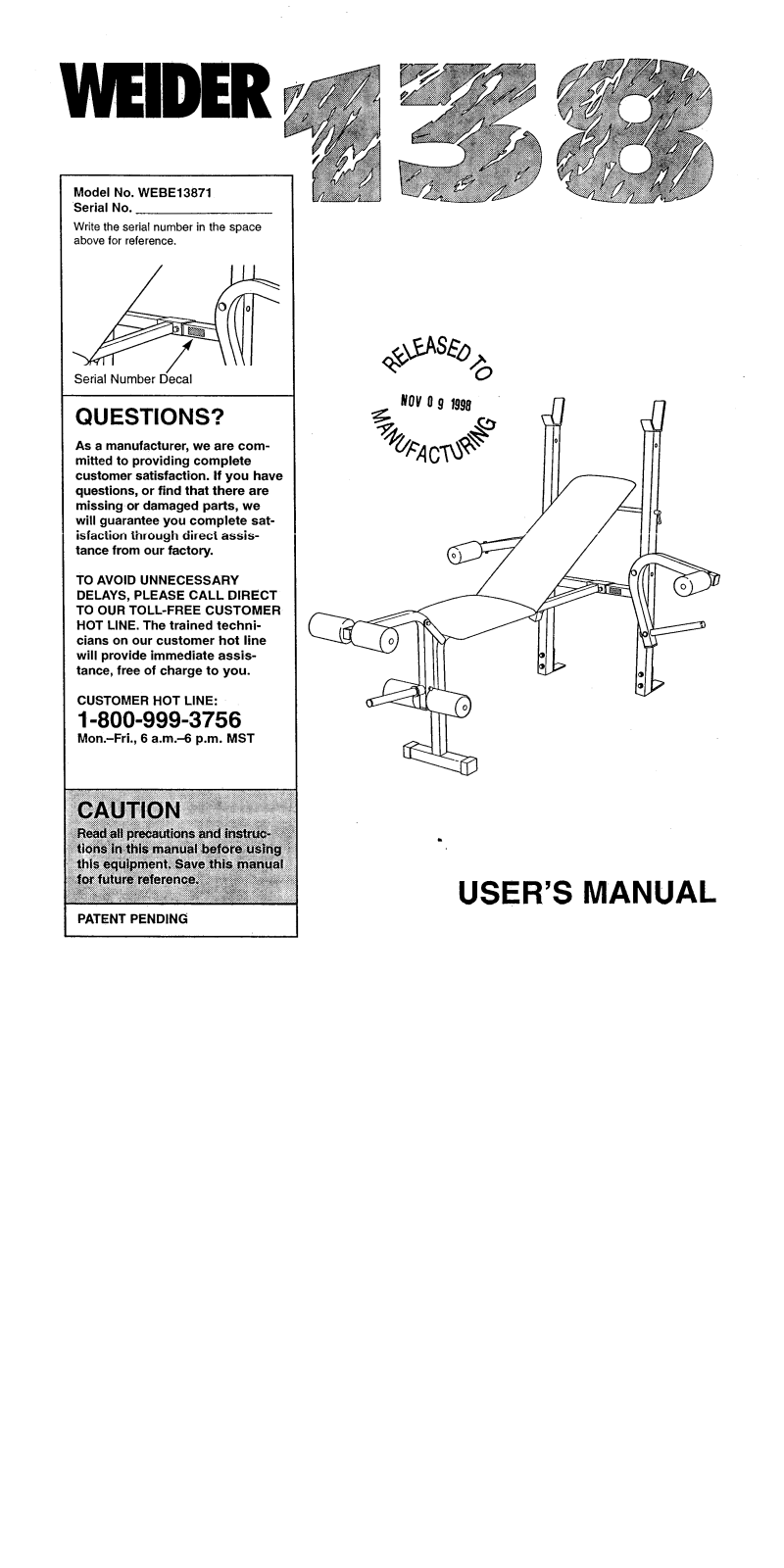 Weider 138 WEIGHT User Manual