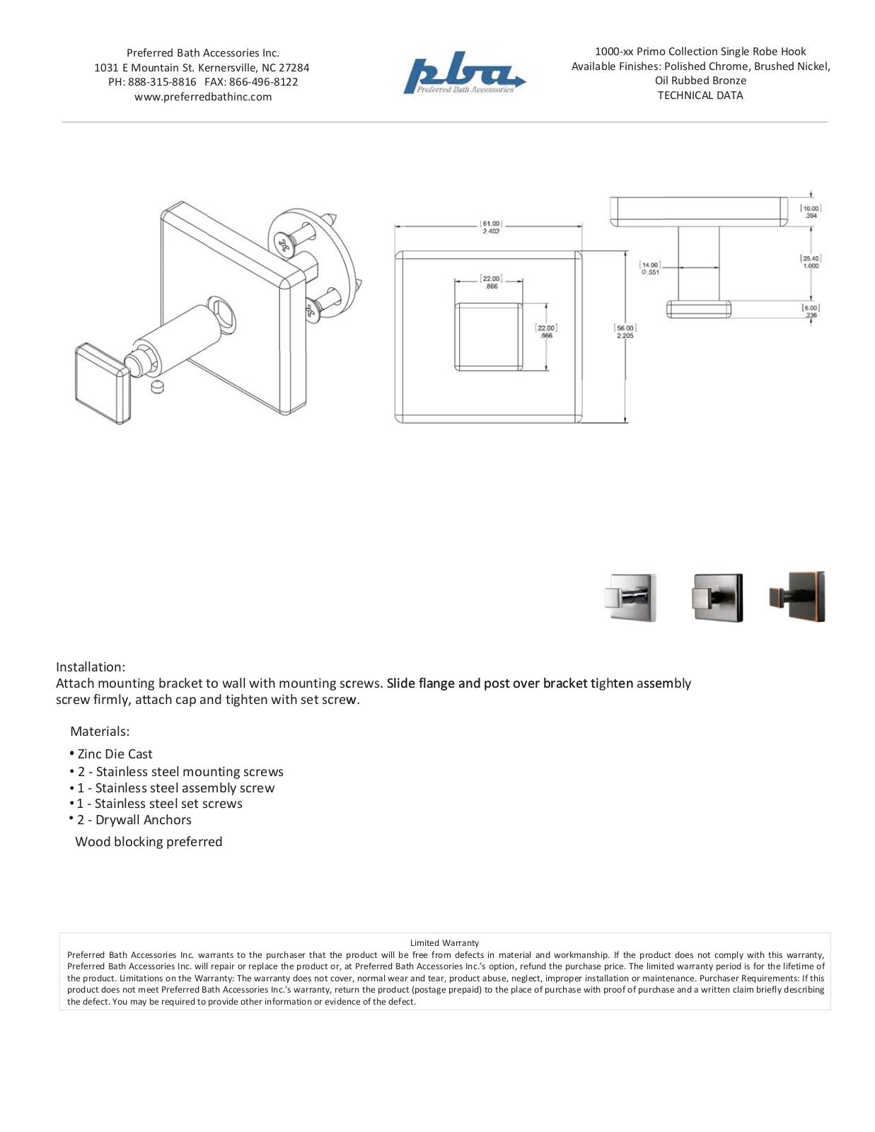 Preferred Bath Accessories PRBA1000 Specification Sheet - ManualMachine.com