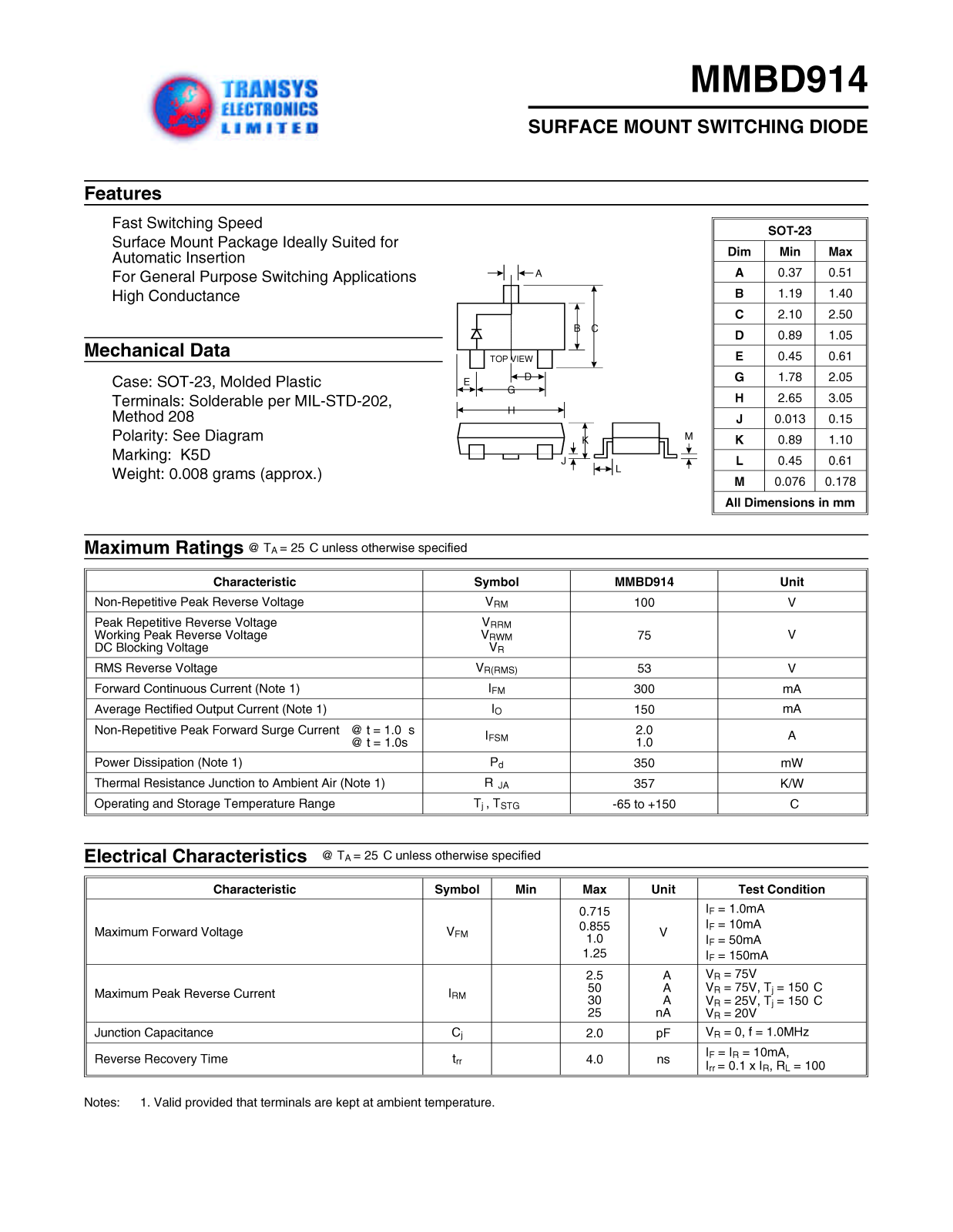 TEL MMBD914 Datasheet