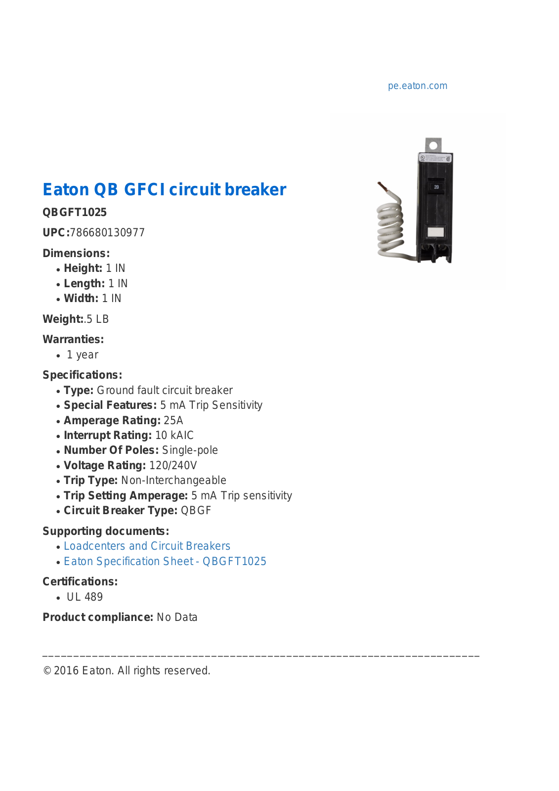 Cutler Hammer, Div of Eaton Corp QBGFT1025 Specifications