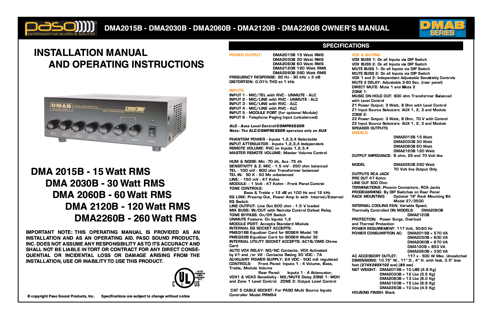 Paso Sound DMA2015B User Manual