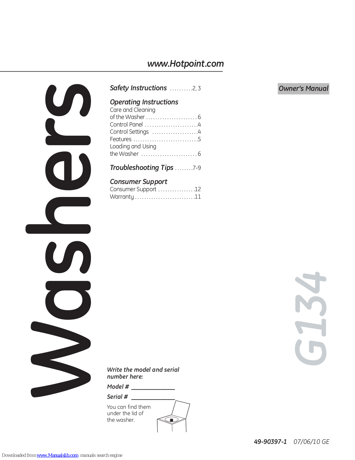 Hotpoint HTWP1000MWW Owner's Manual