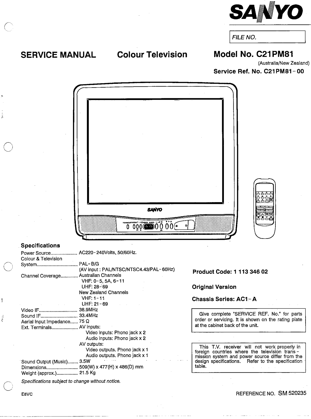 SANYO C21PM81 Service Manual