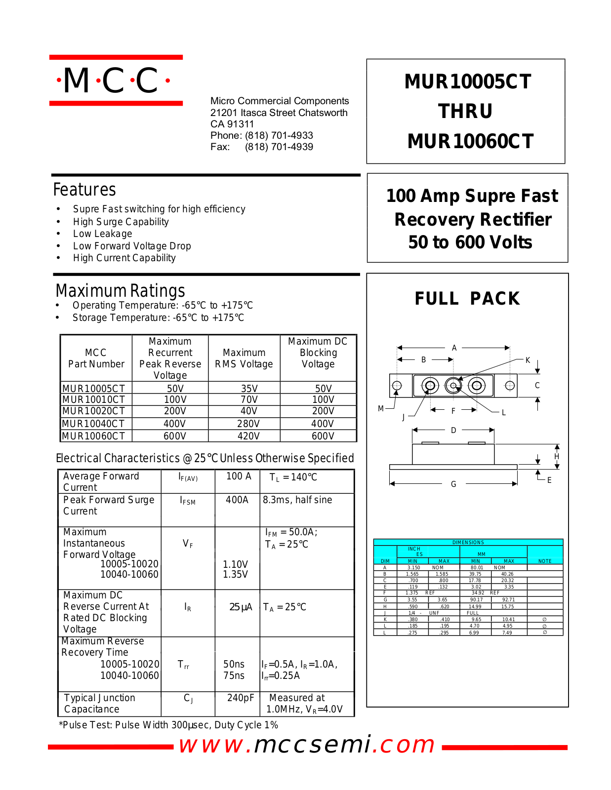 MCC MUR10020CT, MUR10040CT, MUR10060CT, MUR10010CT, MUR10005CT Datasheet