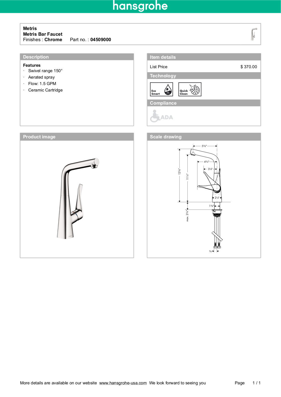 Hansgrohe 04509000 Specs