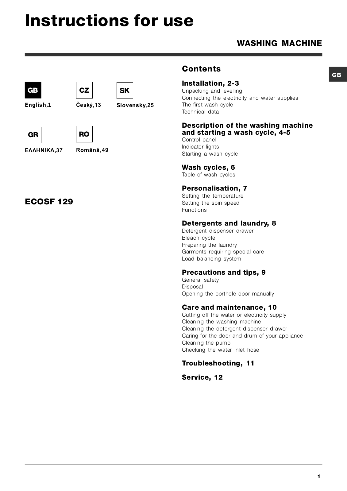 Hotpoint ECOSF 129 User Manual