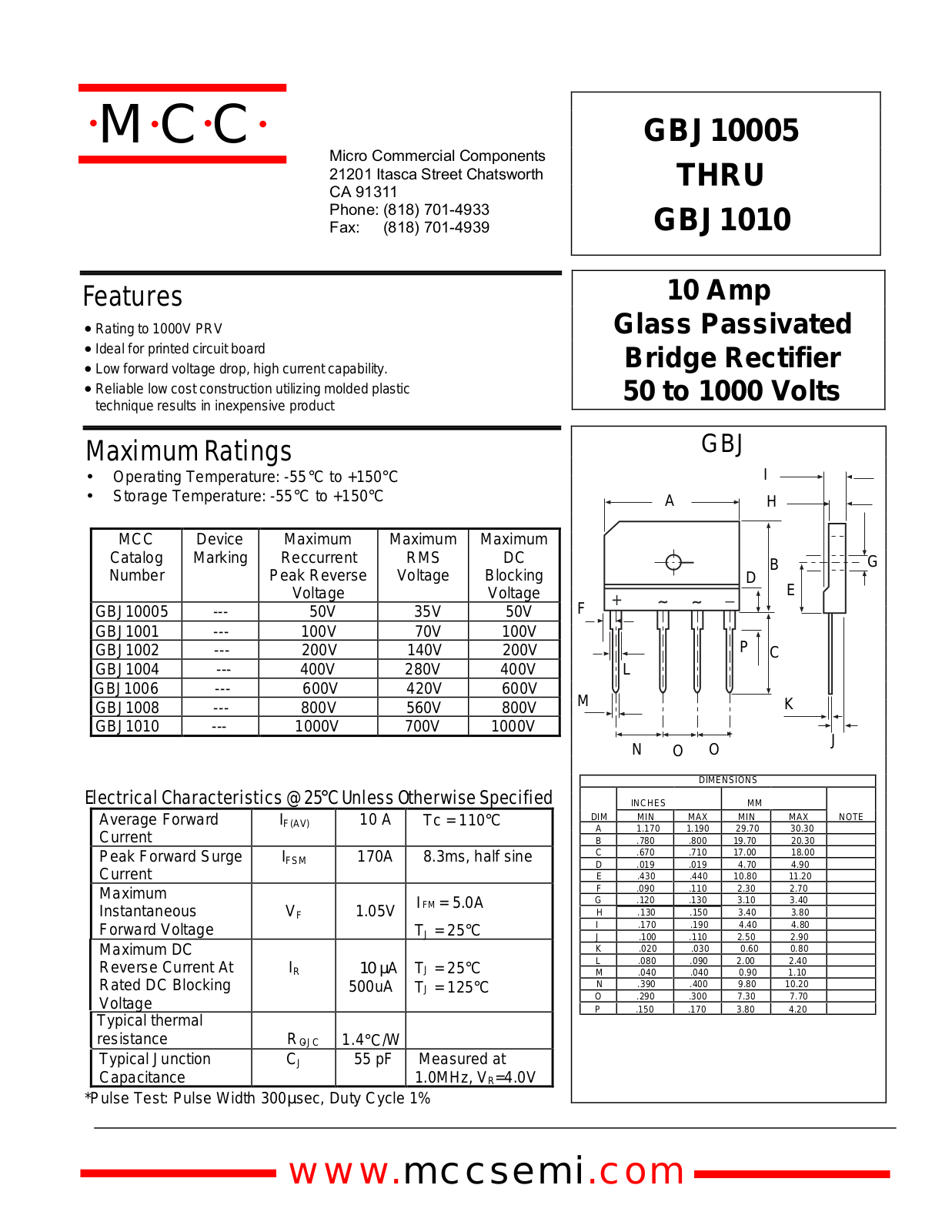 MCC GBJ1004, GBJ1002, GBJ10005, GBJ1008, GBJ1006 Datasheet