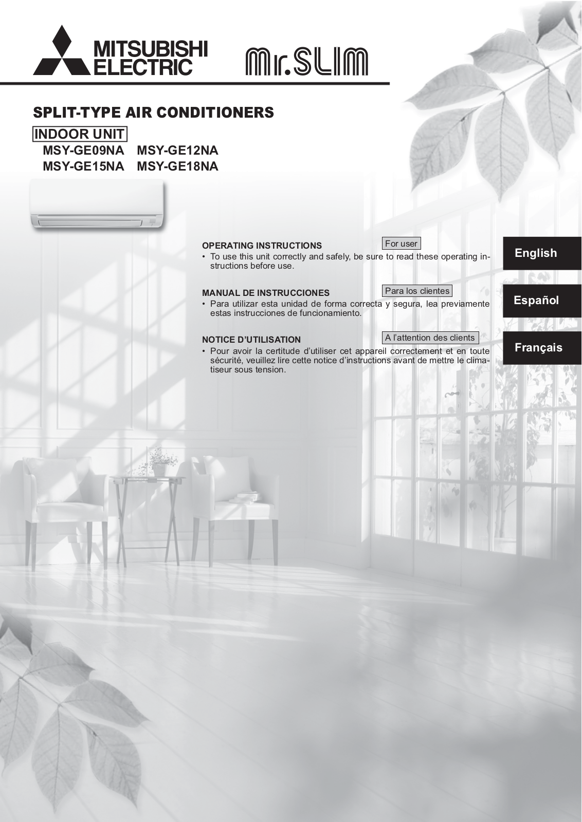 Mitsubishi Electronics MSY-GE09NA, MSY-GE12NA, MSY-GE18NA, MSY-GE15NA User Manual