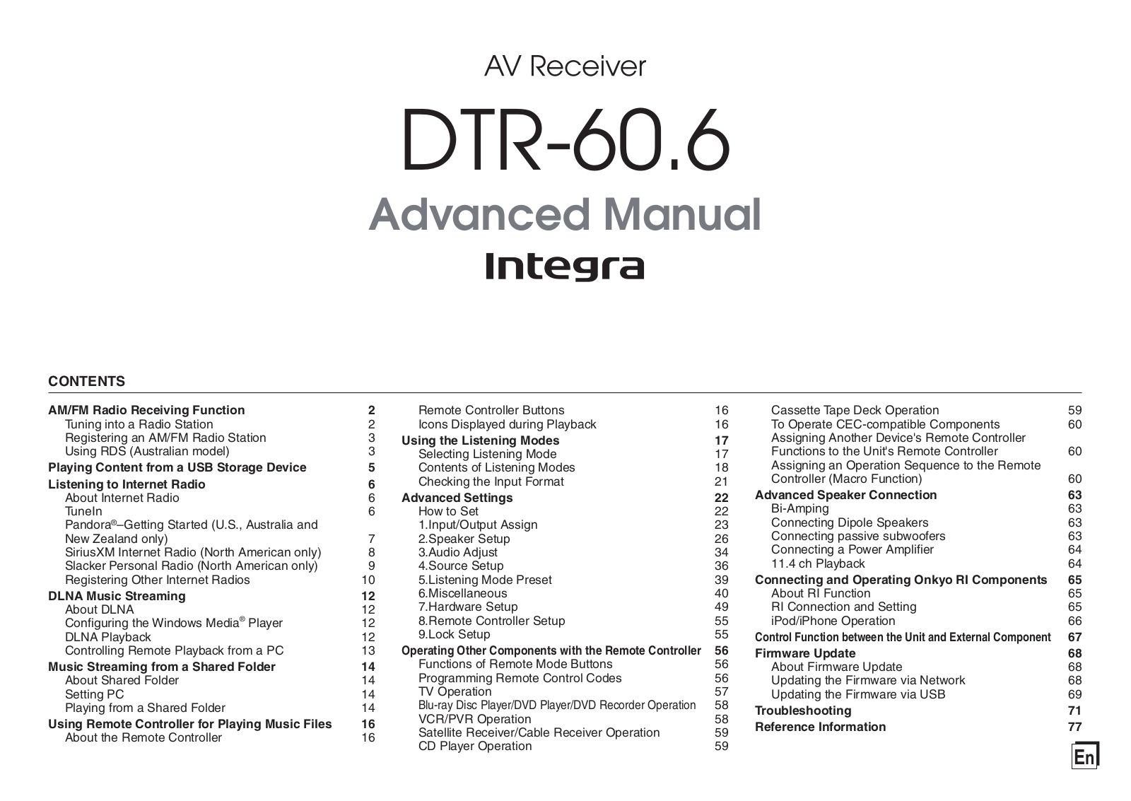 Integra DTR-60.6 Owner's Manual