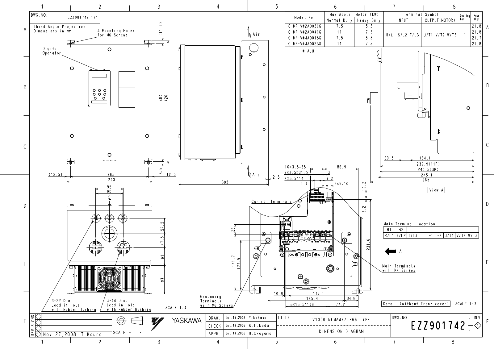 Yaskawa CIMR-V#2A0030G, CIMR-V#2A0040G, CIMR-V#4A0018G, CIMR-V#4A0023G Dimensional Sheet