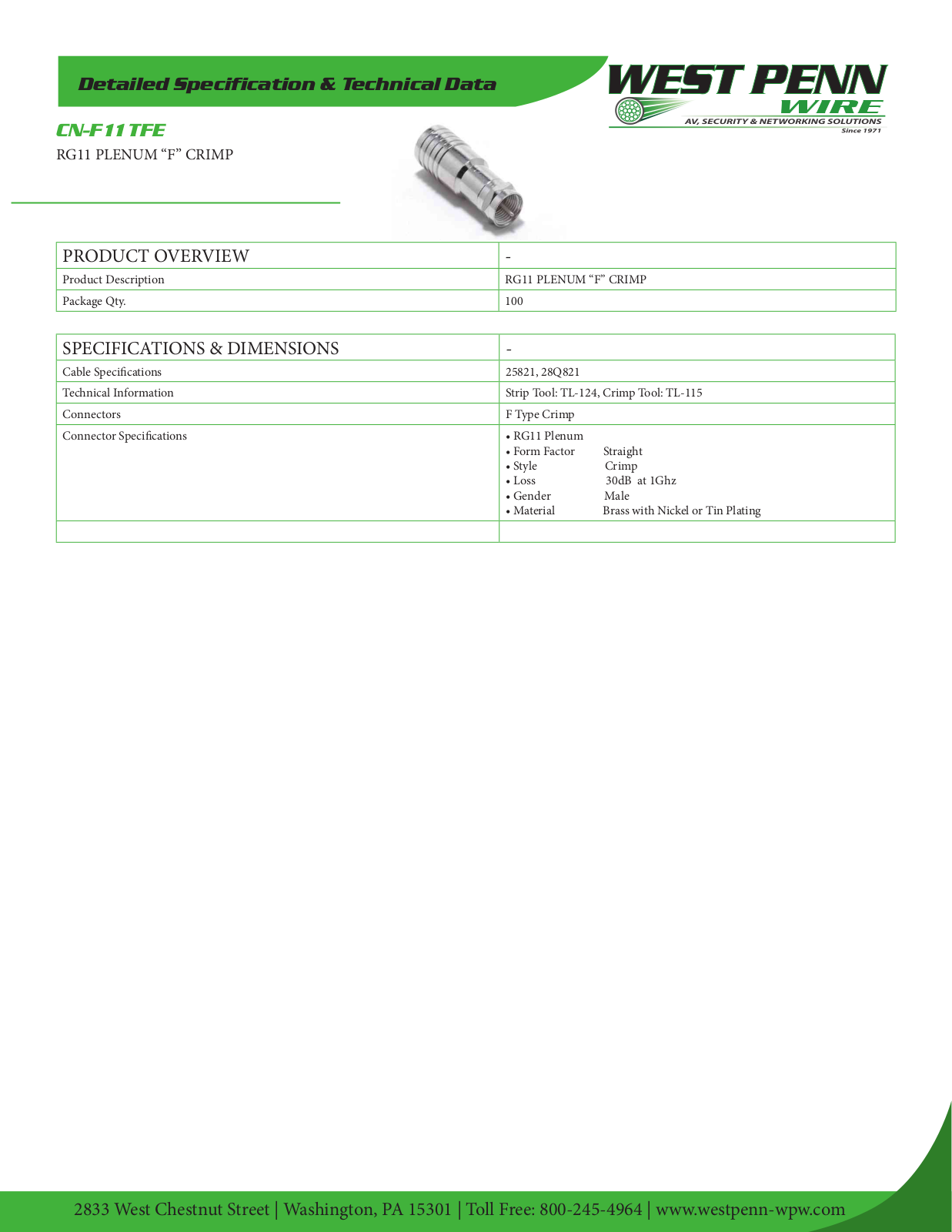 West Penn CN-F11TFE-100 Specsheet