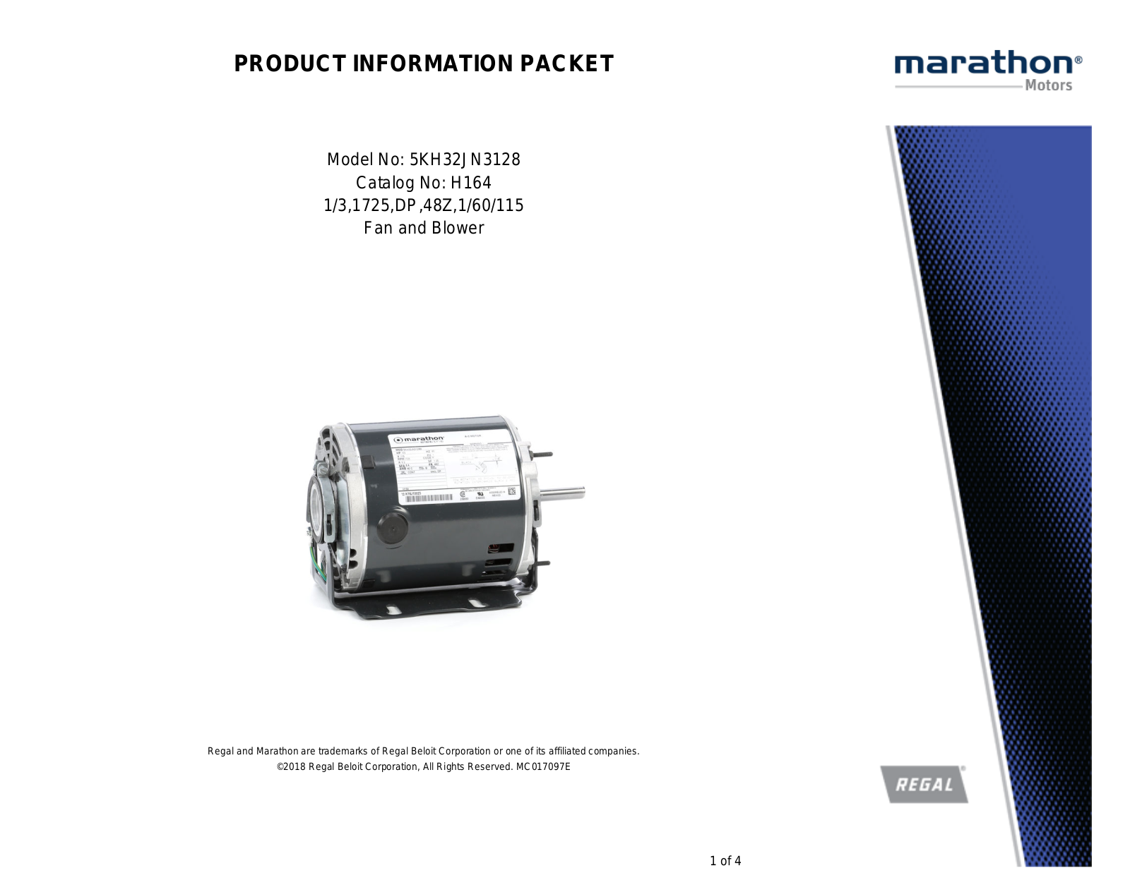 Marathon Electric 5KH32JN3128 Product Information Packet