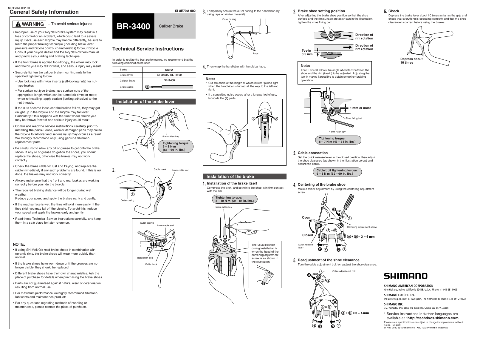 Shimano BR-3400 Service Instructions