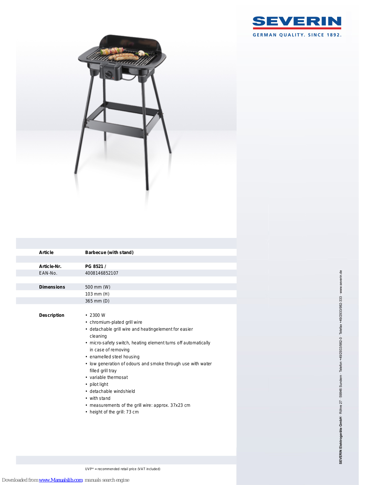 SEVERIN PG 8521,PG 8521 Dimensions