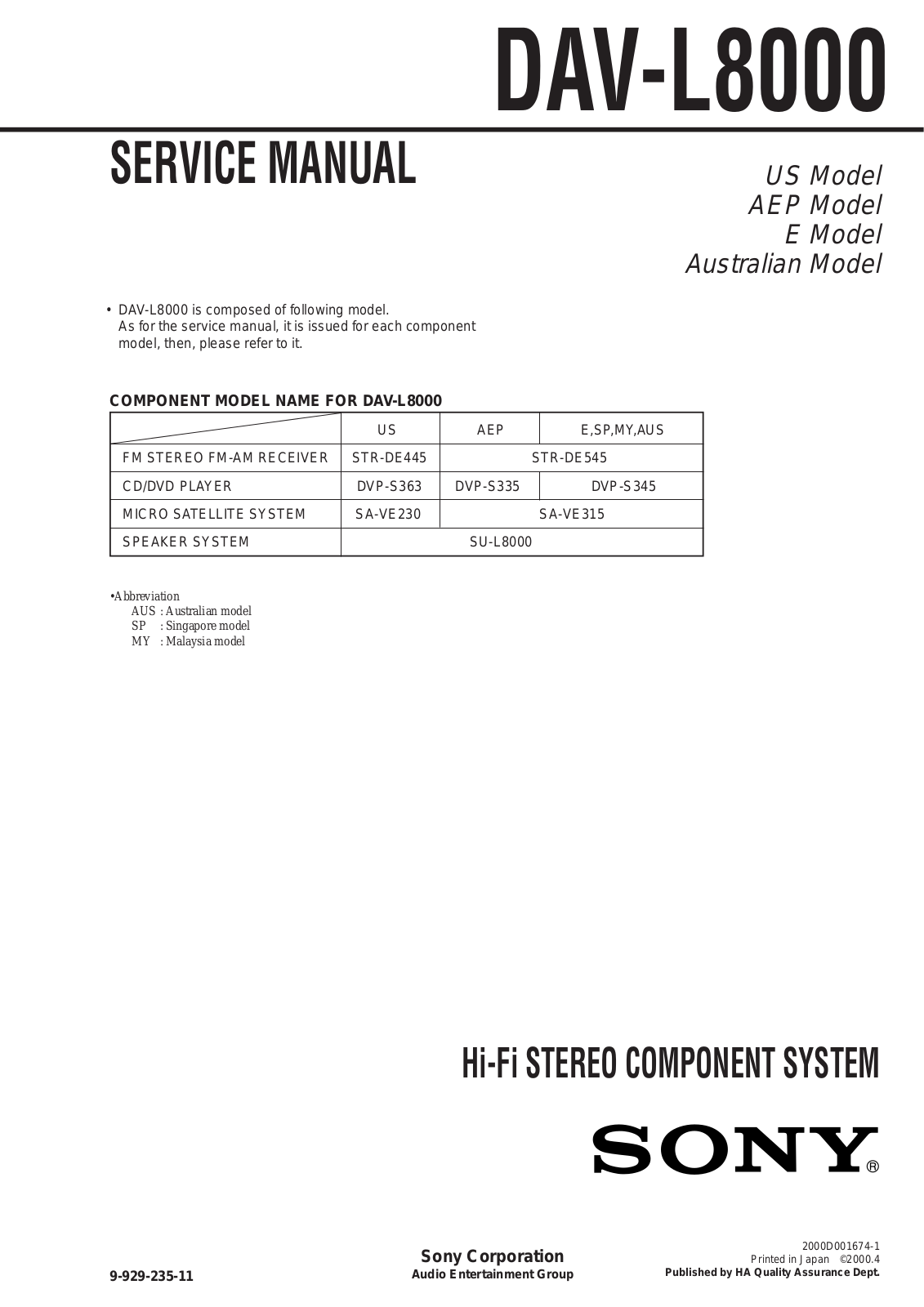 Sony DAV-L8000 Service Manual