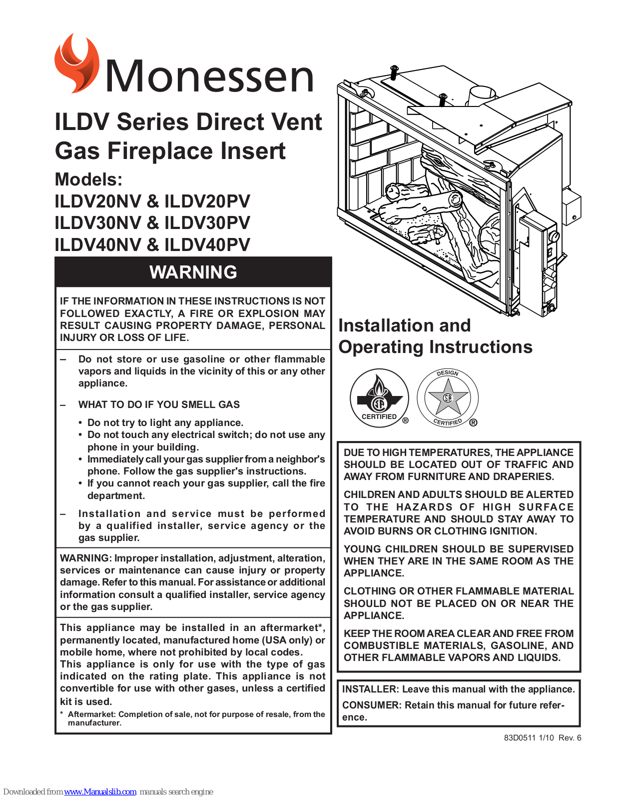 Monessen Hearth iLDV20PV, ILDV30NV, ILDV30PV, ILDV40NV, ILDV40PV Installation And Operating Instructions Manual