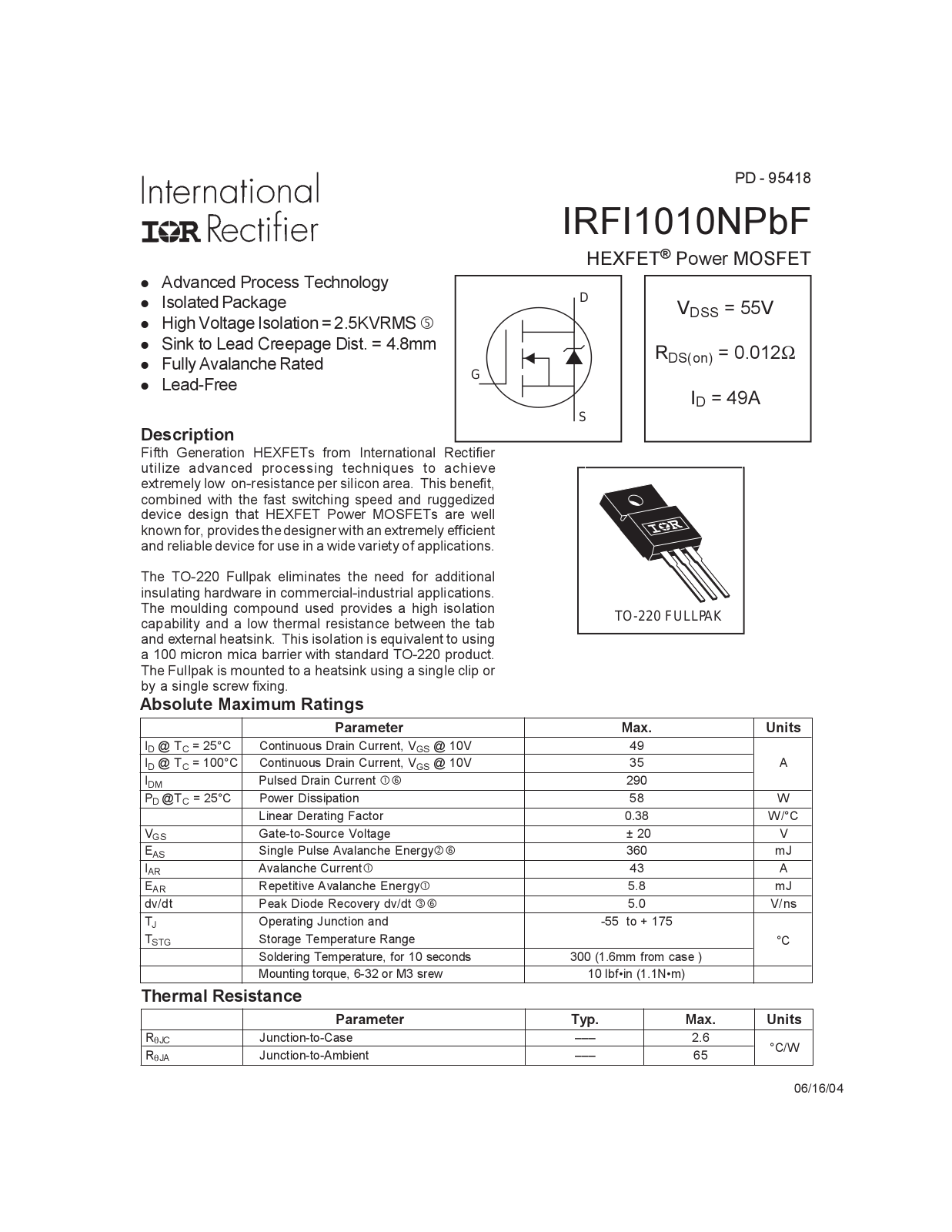 Datasheet IRFI1010NPBF Specification - ManualMachine.com