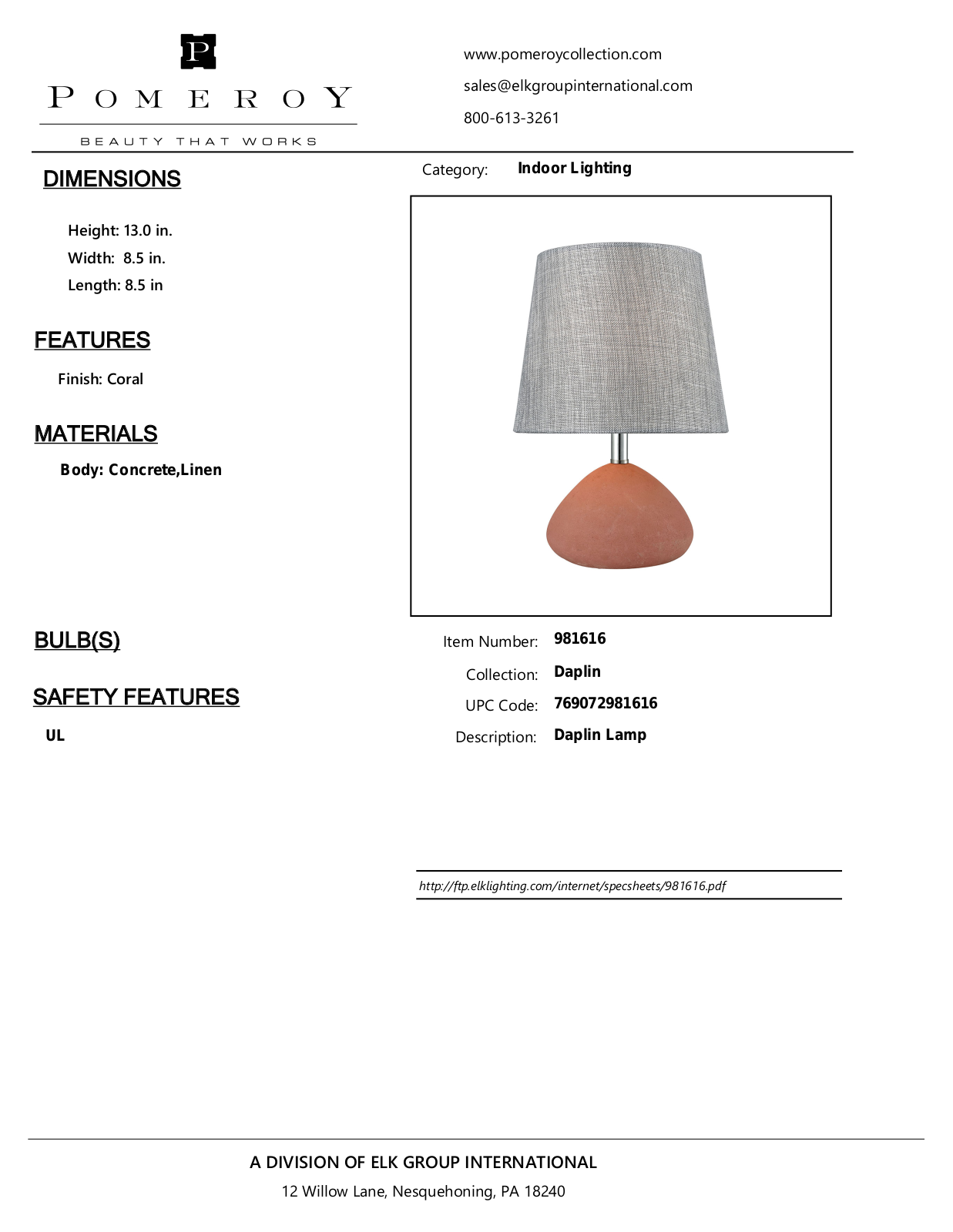 Pomeroy 981616 Product Sheet