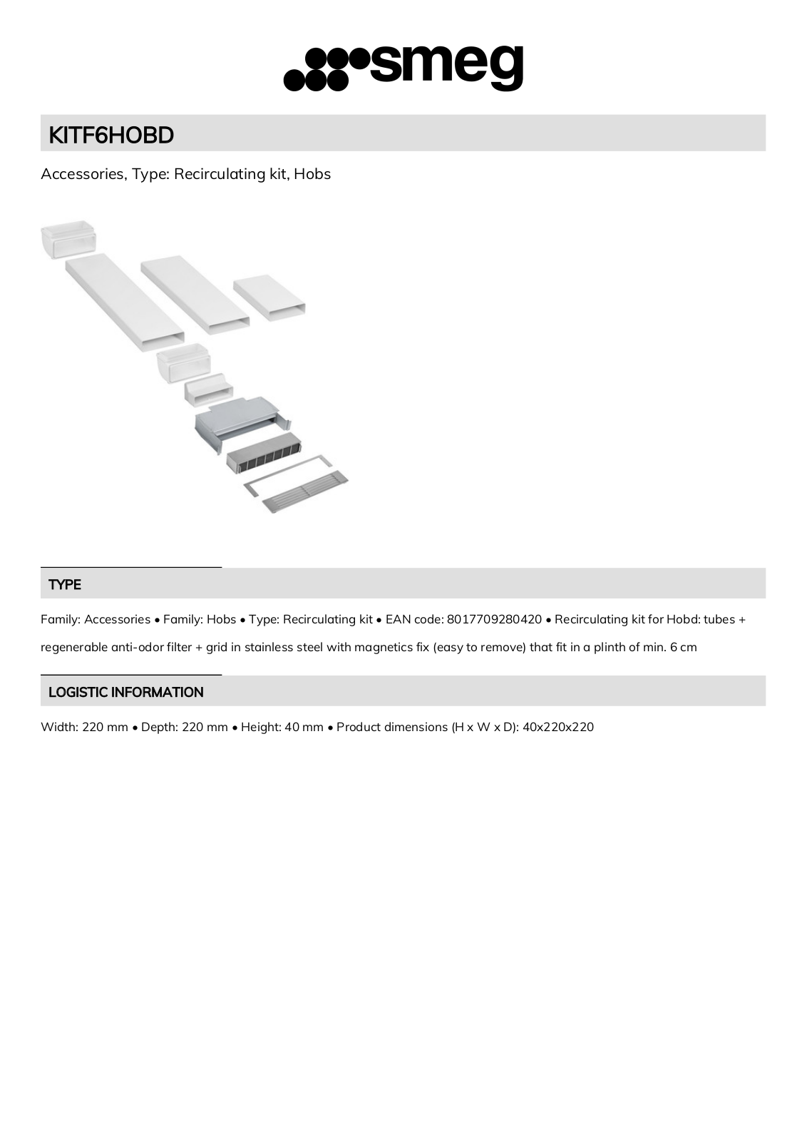 Smeg KITF6HOBD Technical sheet