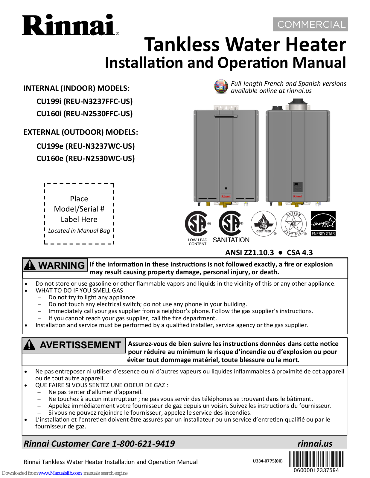 Rinnai CU199i, REU-N3237FFC-US, CU160i, REU-N2530FFC-US, CU199e Installation And Operation Manual