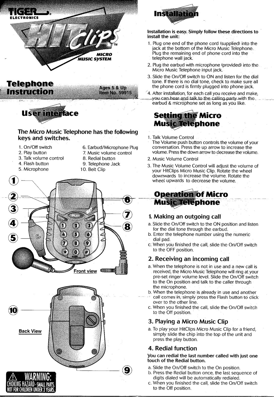 Tiger Electronics Hitclips Telephone User Manual