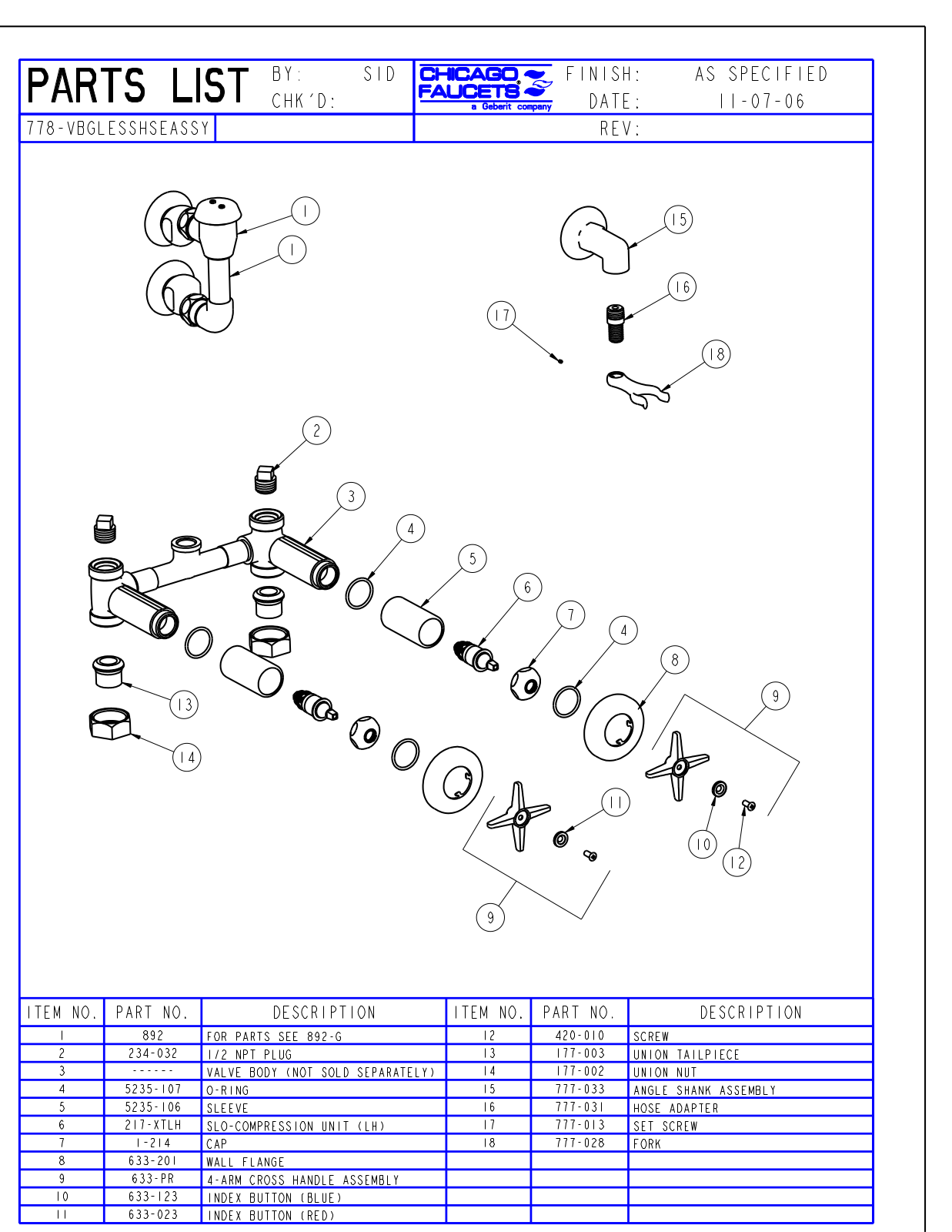 Chicago Faucet 778-VBGLESSHSEASSYCP Parts List