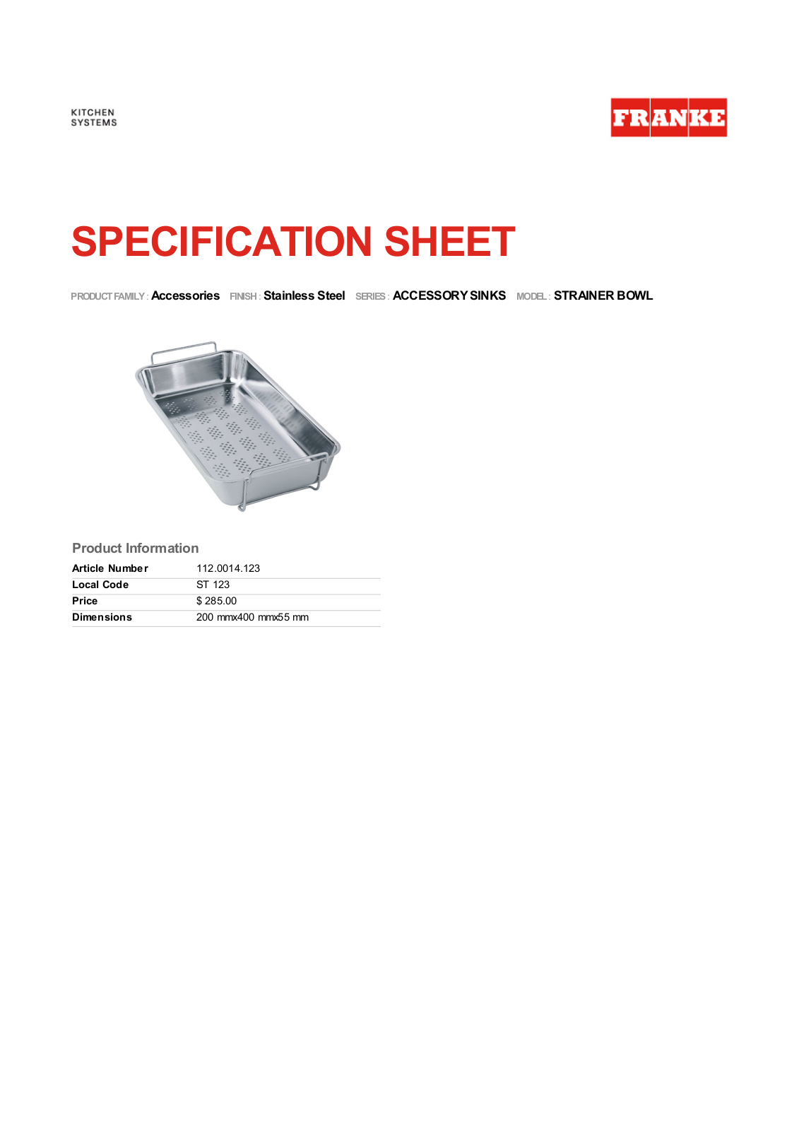 Franke ST123 Specifications Sheet