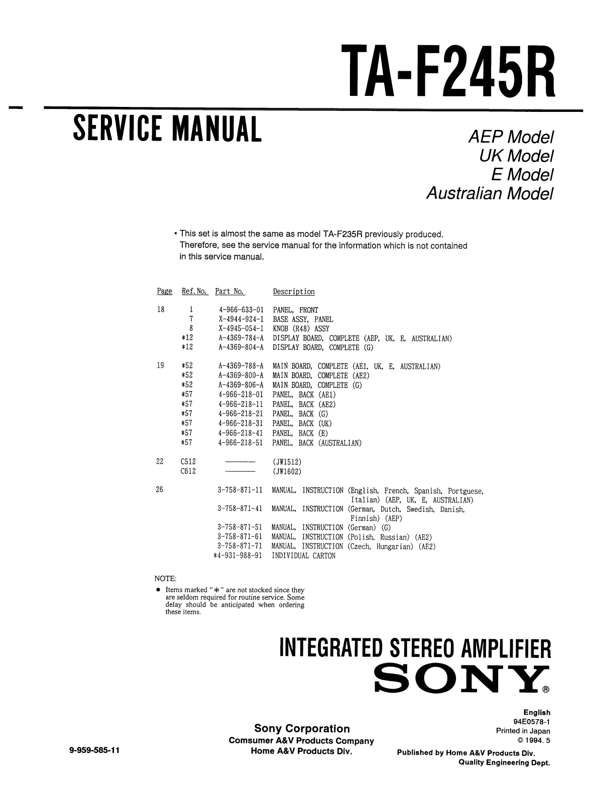 Sony TA-F245R Service Manual
