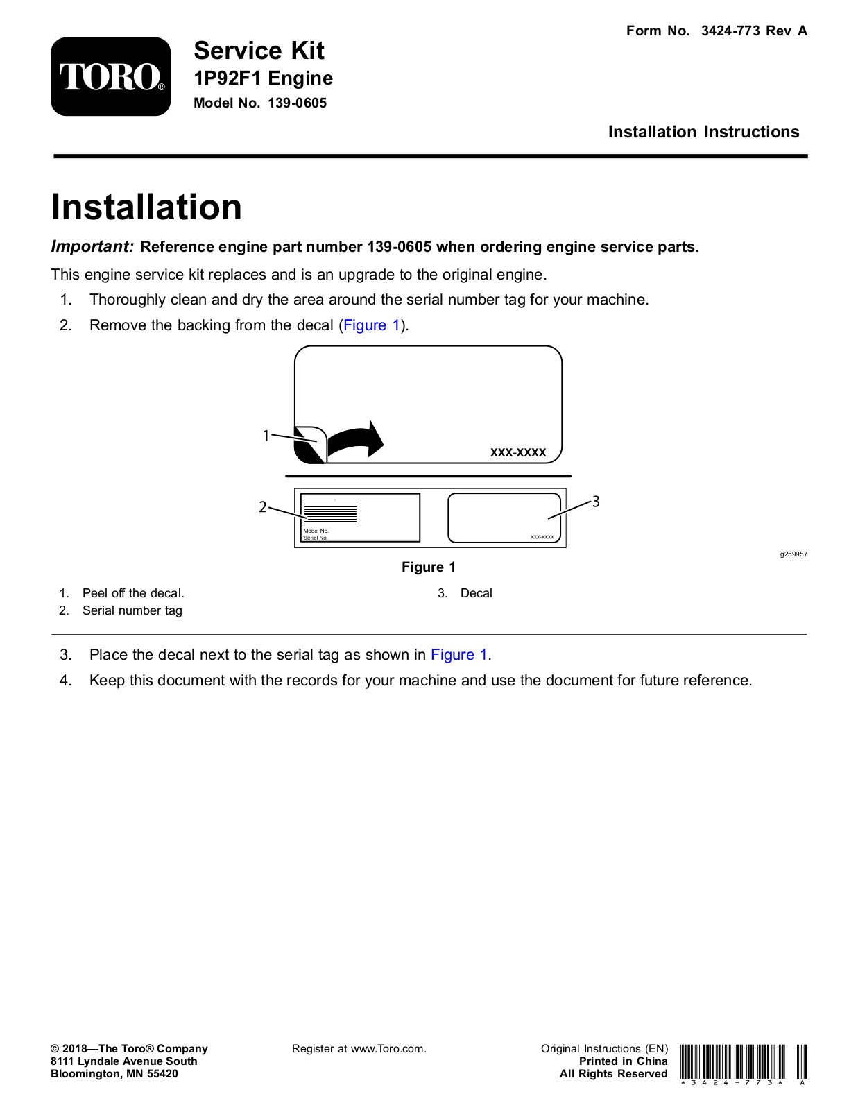 Toro 139-0605 Installation Instructions