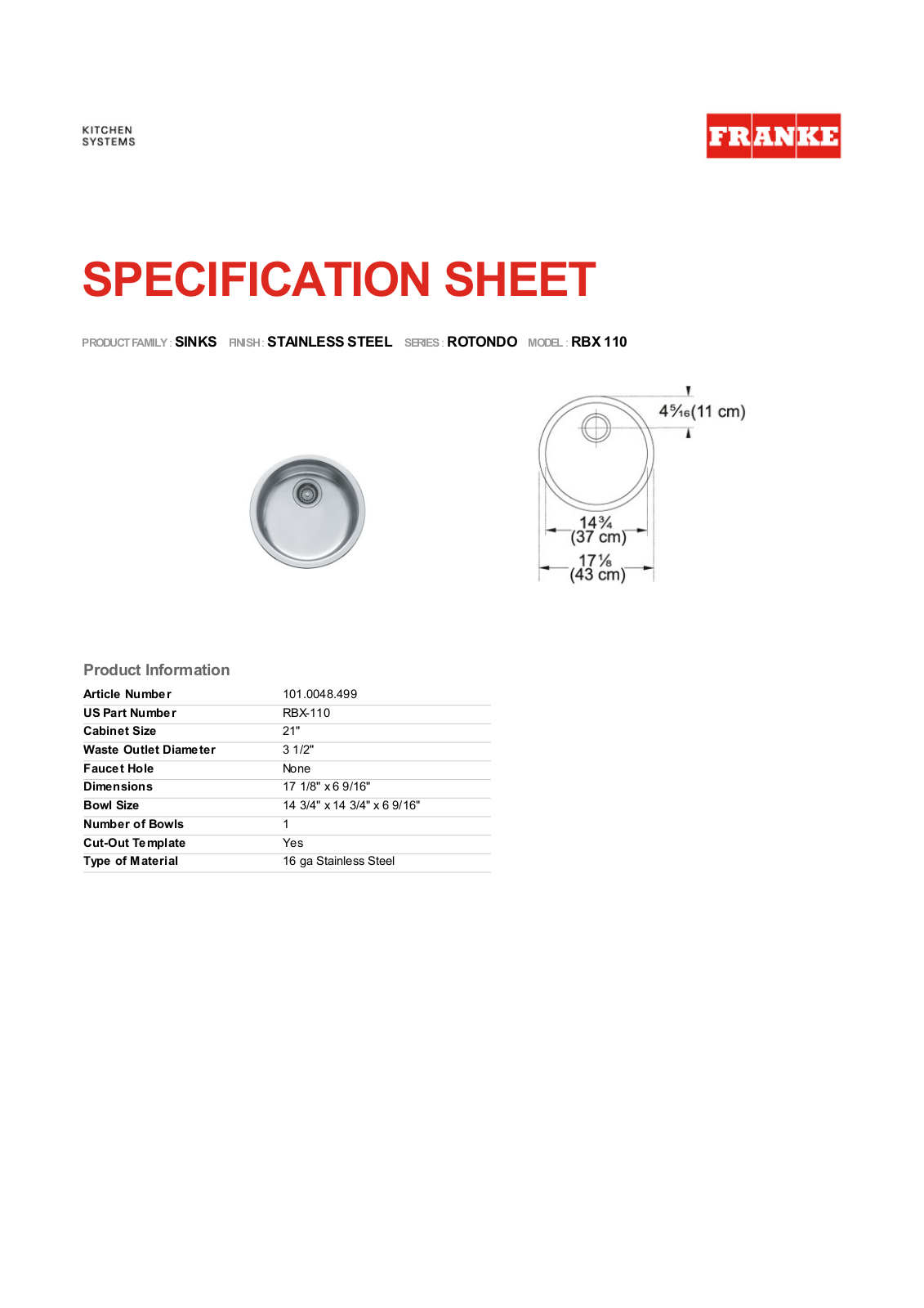 Franke Foodservice RBX 110 User Manual