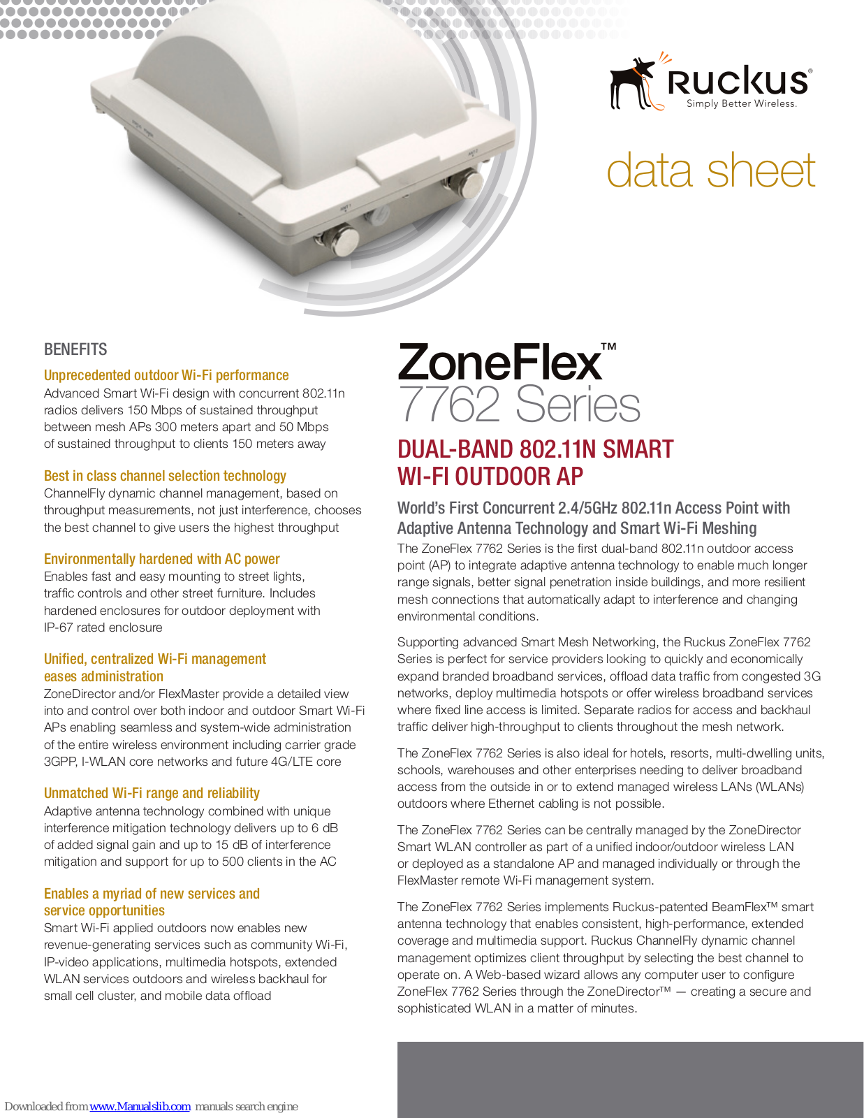 Ruckus Wireless ZoneFlex 7762, ZoneFlex 7762-S, ZoneFlex 7762-T, ZoneFlex 7762-AC, ZoneFlex 7762-S-AC Datasheet - ManualMachine.com