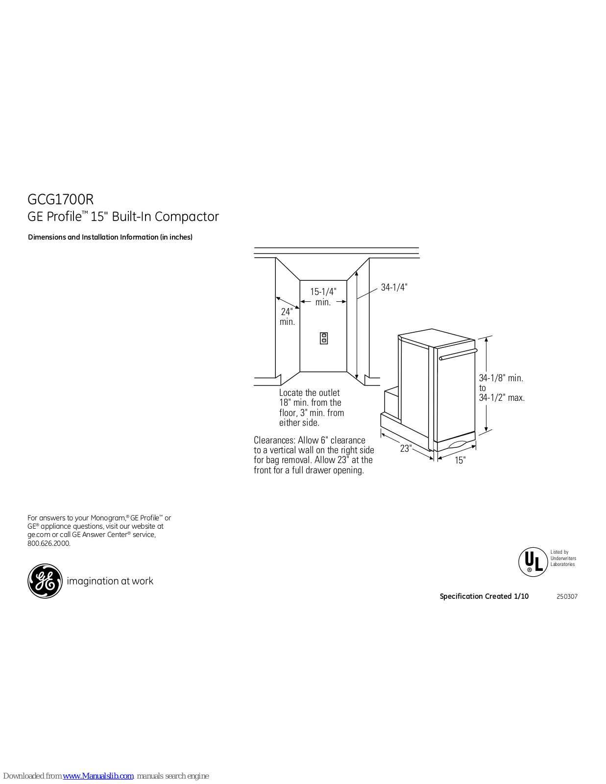 GE GCG1700LII, GCG1700RII, GCG1700R Dimensions And Installation Information