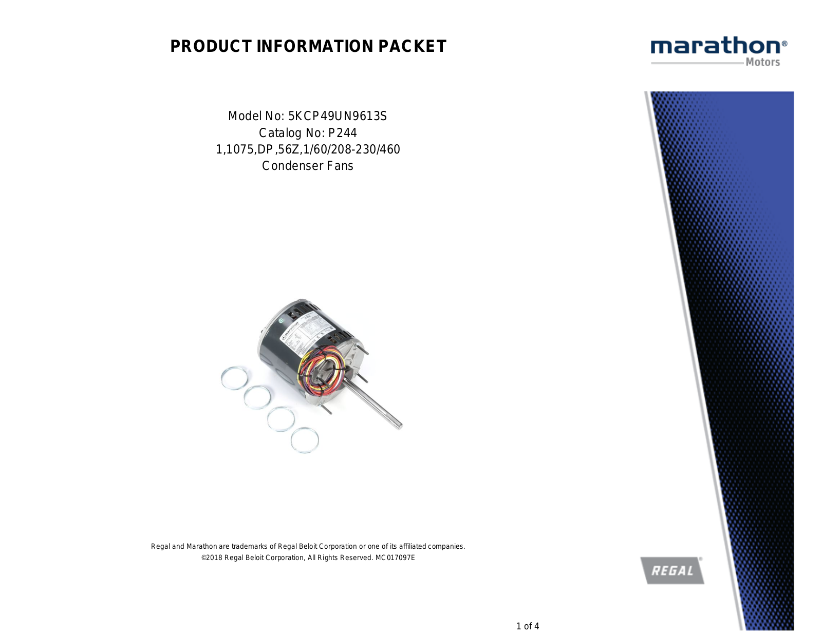 Marathon Electric 5KCP49UN9613S Product Information Packet