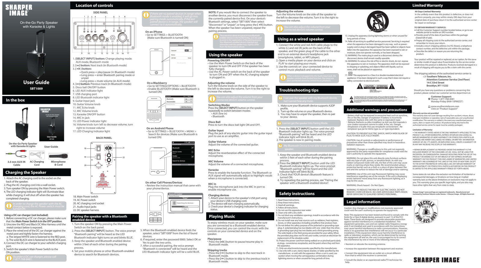 Sharper image SBT1009 User Manual